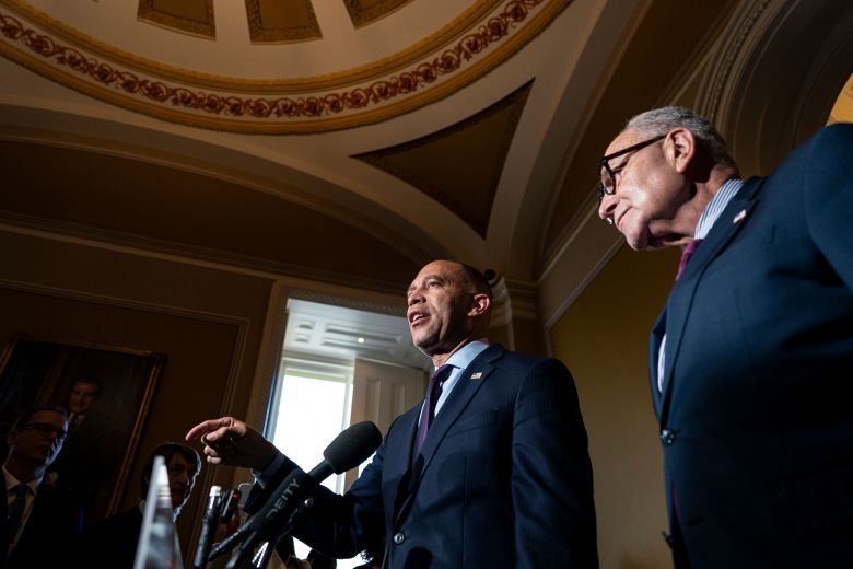 House Minority Leader Hakeem Jeffries and Senate Minority Leader Chuck Schumer speak to the press at the US Capitol on October 16.