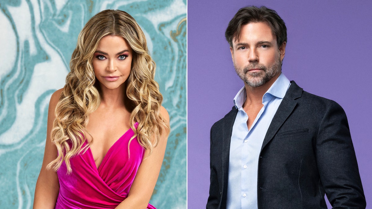 Denise Richards wears pink dress, Aaron Phypers poses in a blazer.