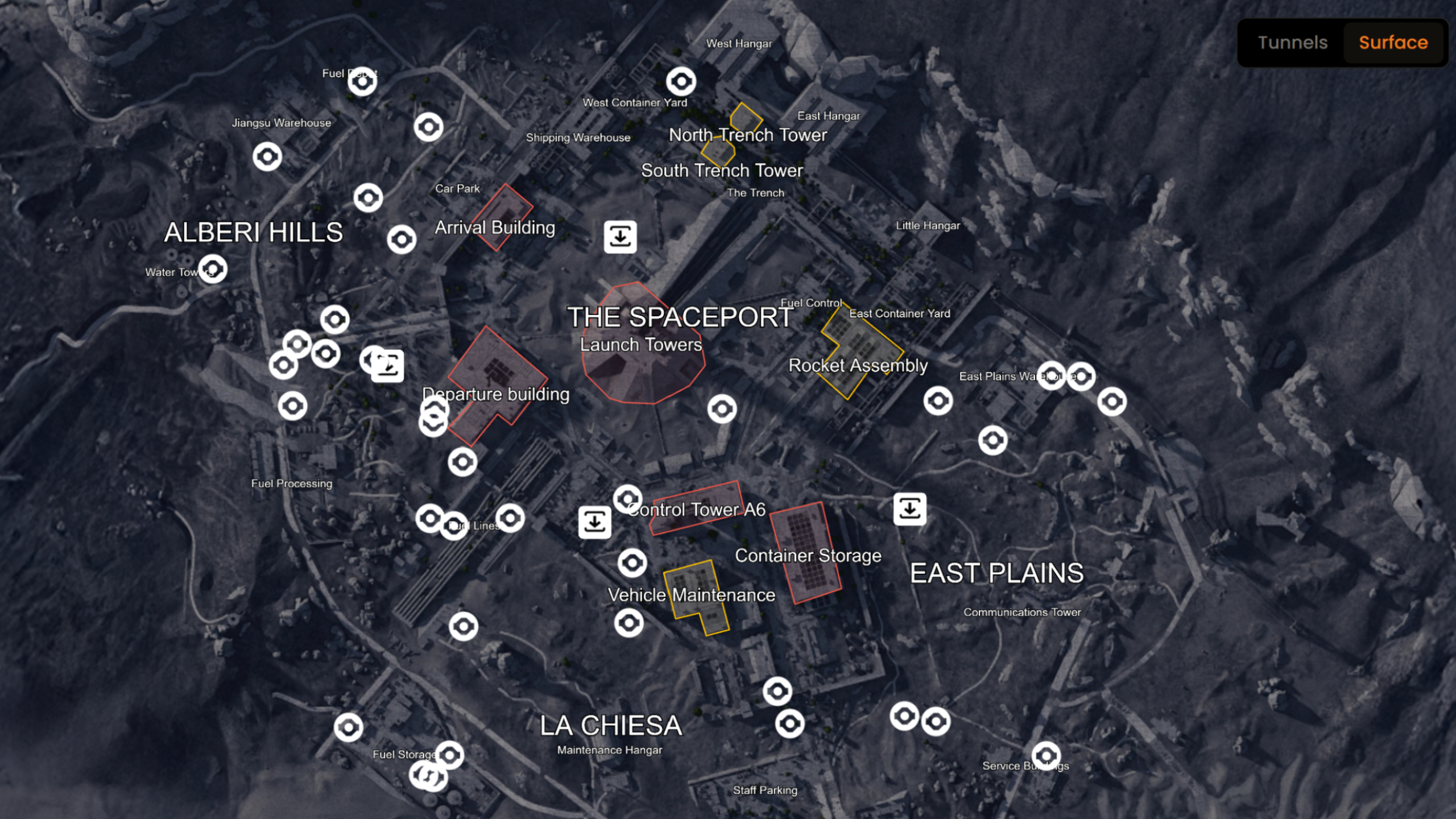 Arc Raiders Trials: MetaForge's interactive map of Spaceport showing First Wave Husk spawns.