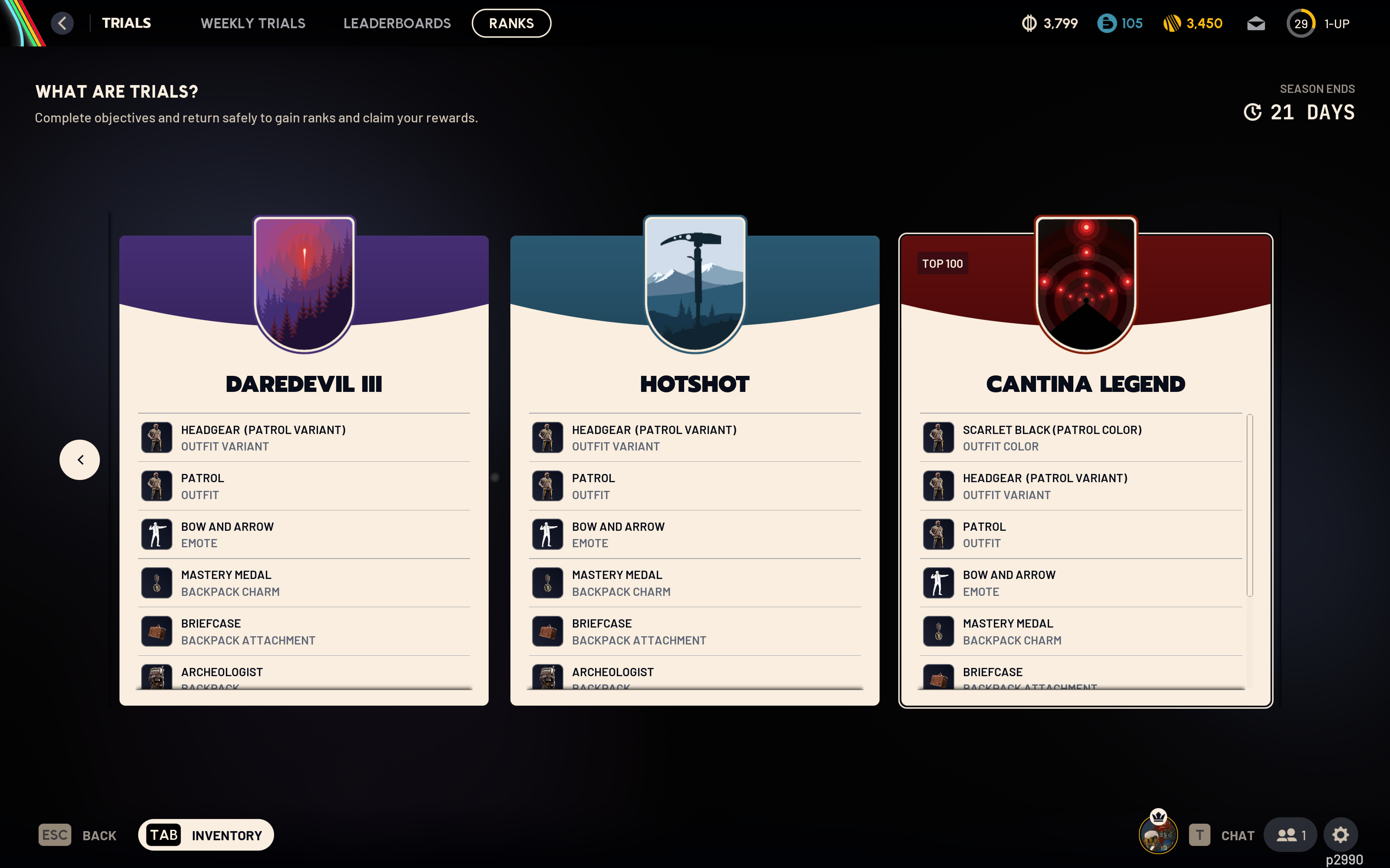 Arc Raiders Trials: The Trial rewards for this season, specifically highlighting Daredevil III, Hotshot, and Cantina Legend tiers.