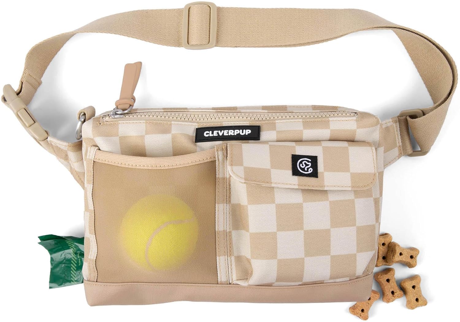 Dog Walk & Train Sling Bag – Hands-Free 2-In-1 Treat Pouch, Poop Bag Holder, Clicker, Phone Pocket – Crossbody/Fanny Pack, Adjustable Strap – Checkerboard