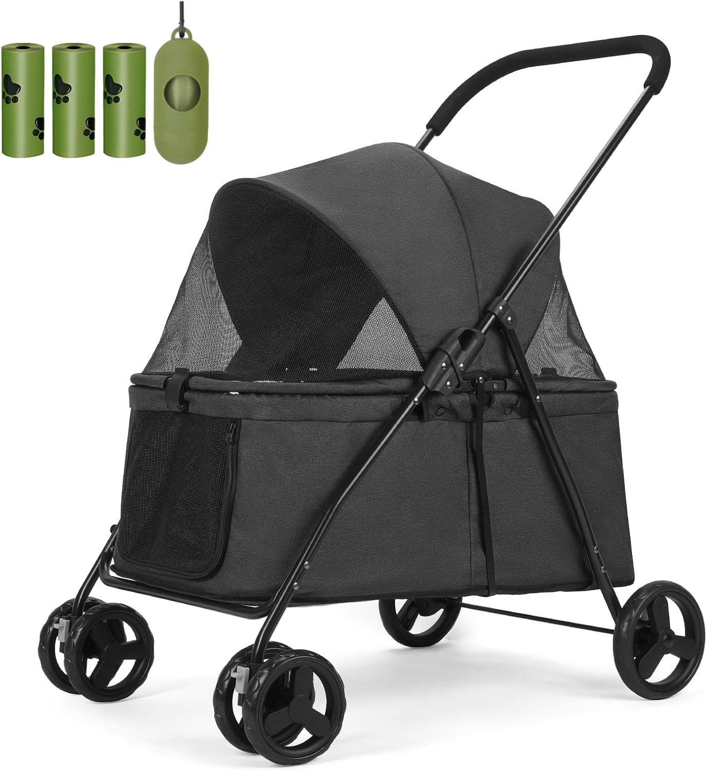 20% Larger Capacity, Wedyvko Dog Stroller for Medium/Small Pets w/Dog Poop Bags & Dispenser, Storage Pouch, Zipperless, Entry in/Out Easy (Black)