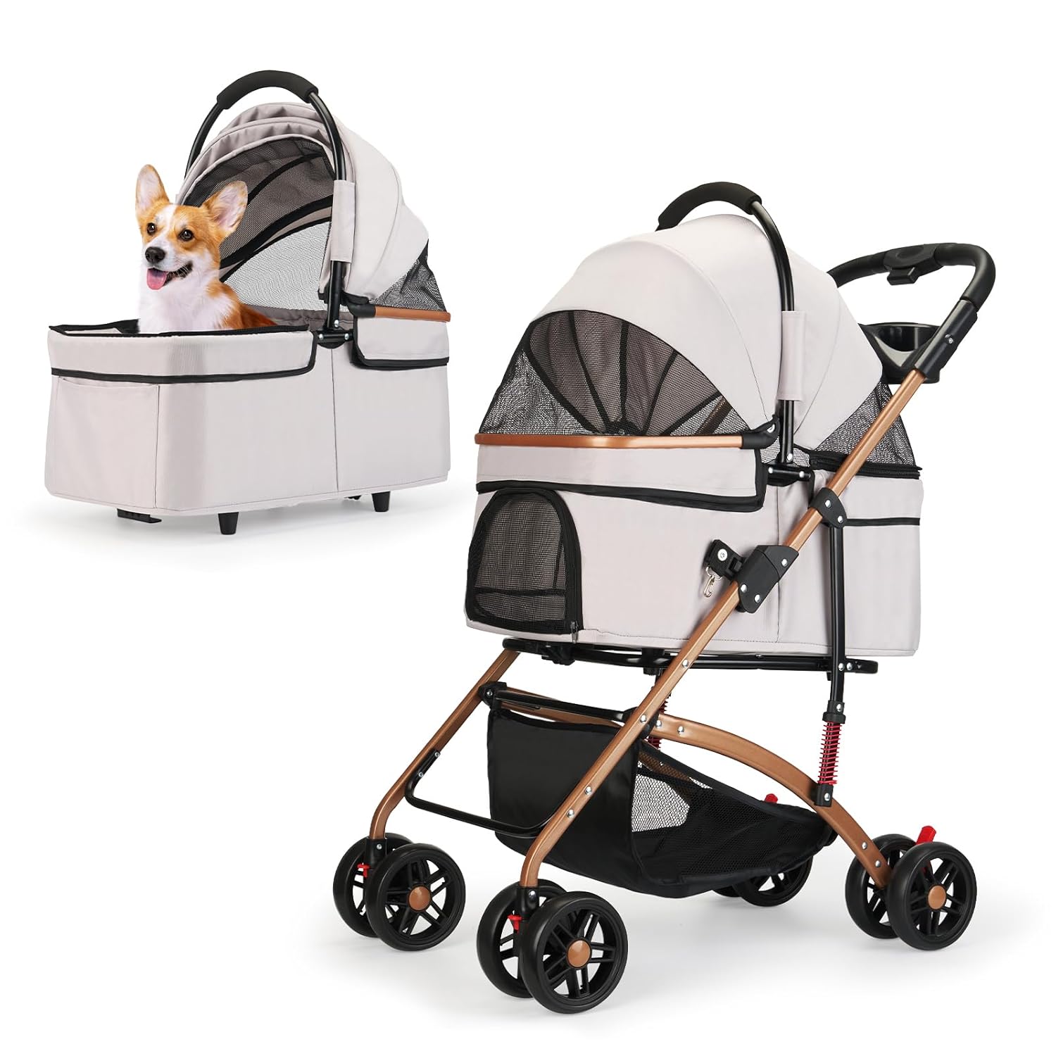 3-in-1 Foldable Pet Stroller for Medium Dogs & Cats (50lbs) – Detachable Carrier, Car Seat, Storage Basket, 5″ Lockable Wheels