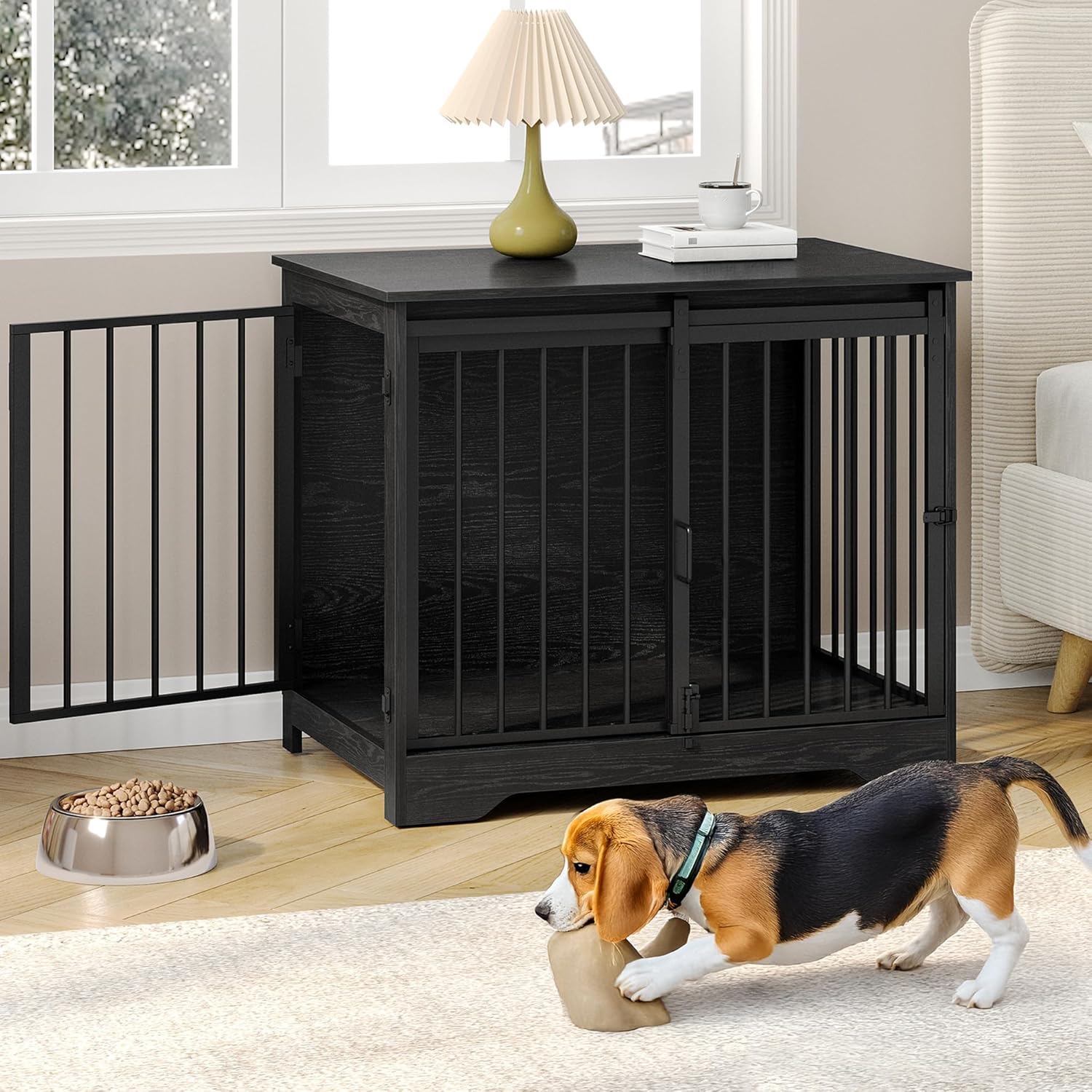 31.9″ Dog Crate Furniture with Barn Door, Heavy Duty Dog Kennel Indoor with 2 Doors, Wooden Pet Cage End Table for Small Medium Dogs up to 44 lb, Anti-Chew Anti-Escape, Black DFC83604B