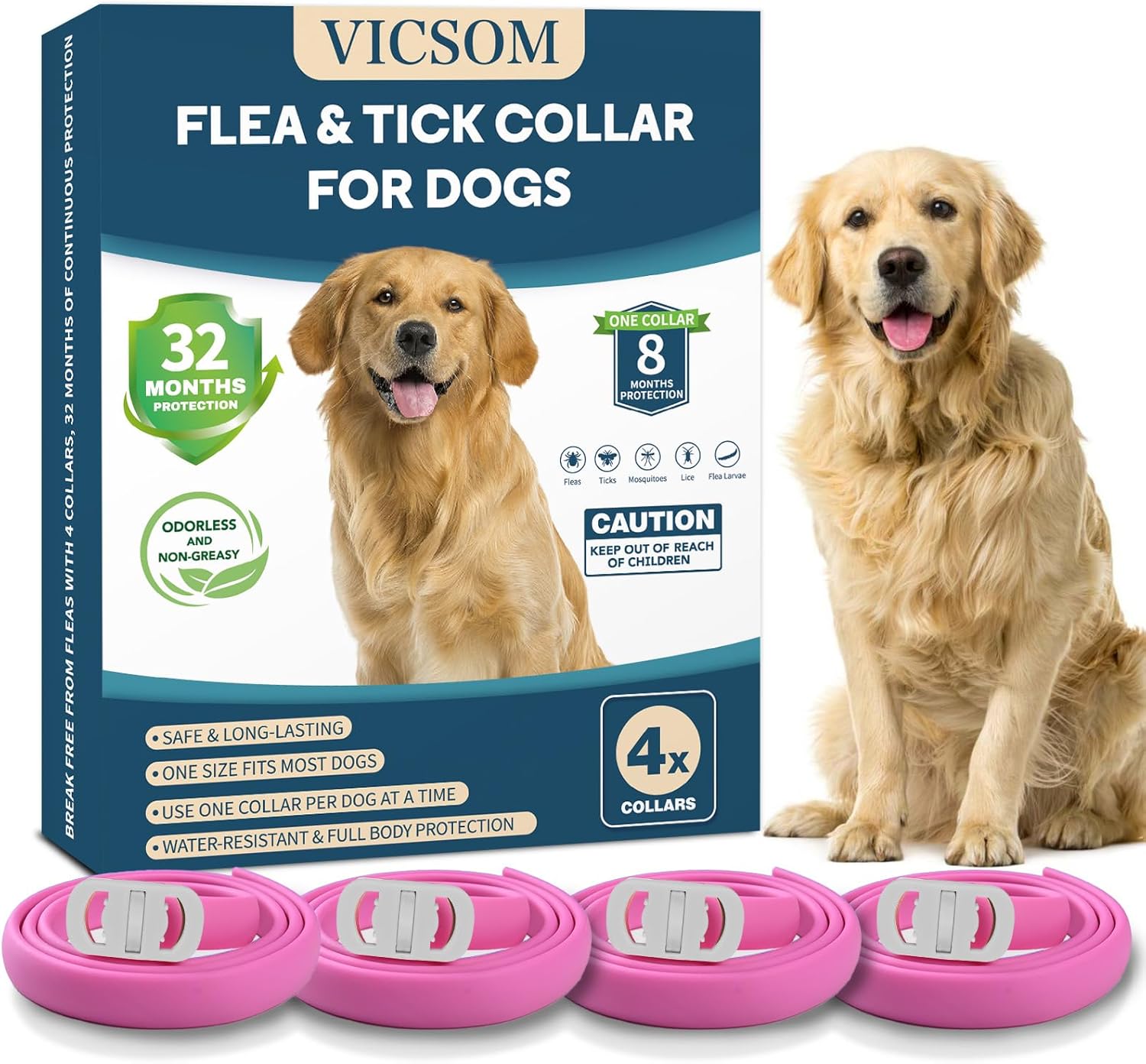 4 Pack Flea Collar for Dogs, Flea and Tick Collars for Dogs, 32 Months Flea and Tick Prevention for Dog, Dog Flea and Tick Treatment, Water-Resistant & Adjustable Flea Collar – Pink