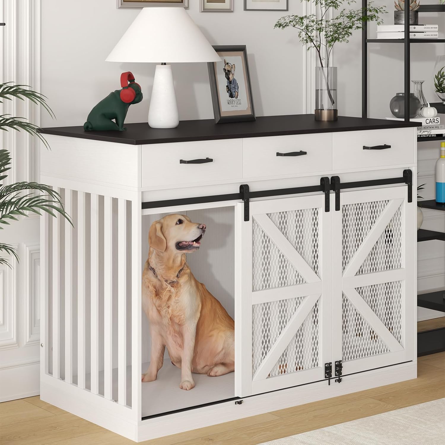 48” Dog Crate Furniture with Divider&Storage Drawers, Wooden Double Dog Kennel Furniture End Table with Sliding Barn Doors, White Double Dog Crate TV Stand