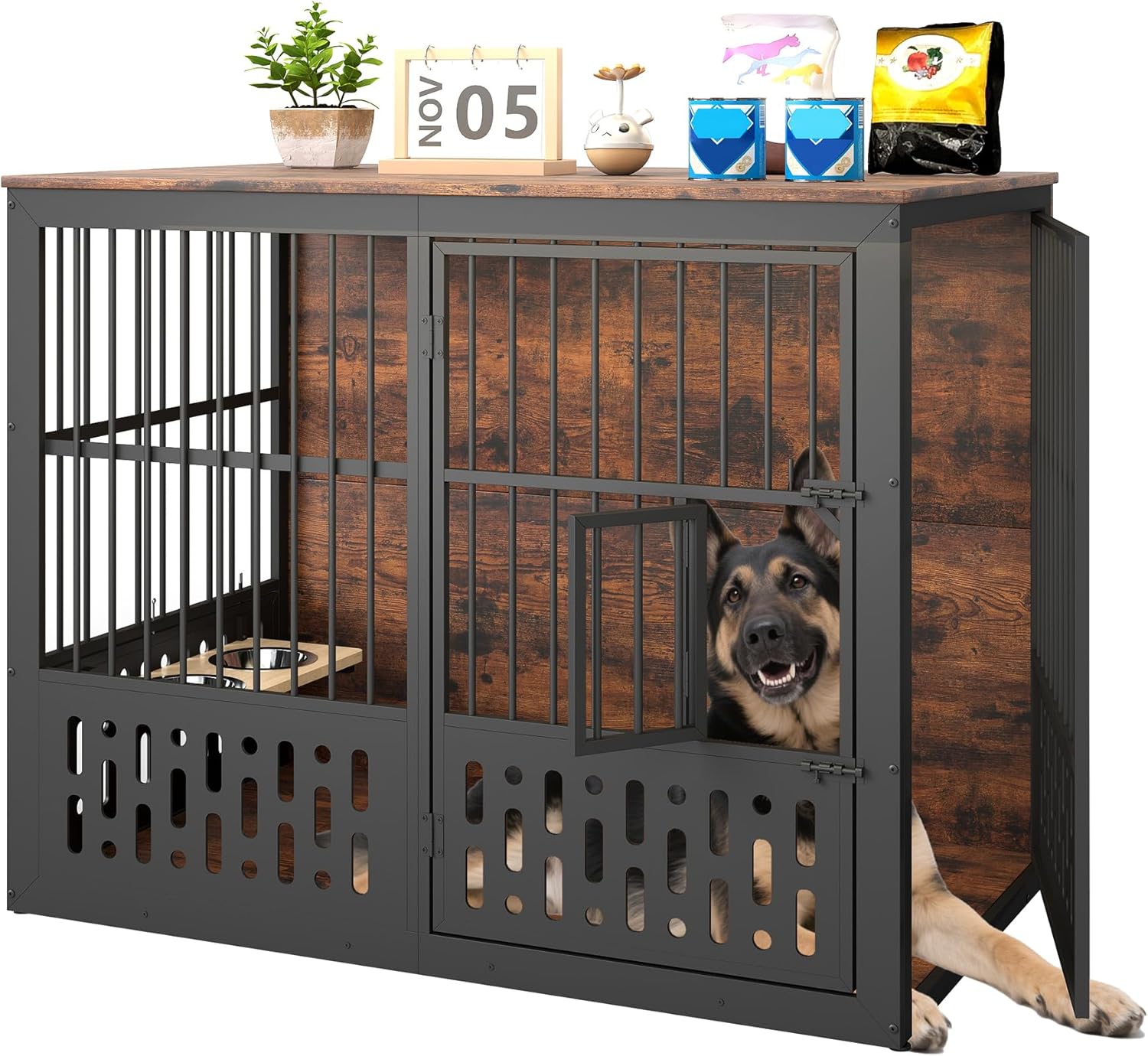 48 Inch XXL Dog Crate Furniture, Wooden Chewproof Dog Kennel with Interactive Window, 360° Adjustable Bowls (5 Heights), Storage Table Top, Heavy Duty XL Dog Crate for Medium Large Dogs, Brown
