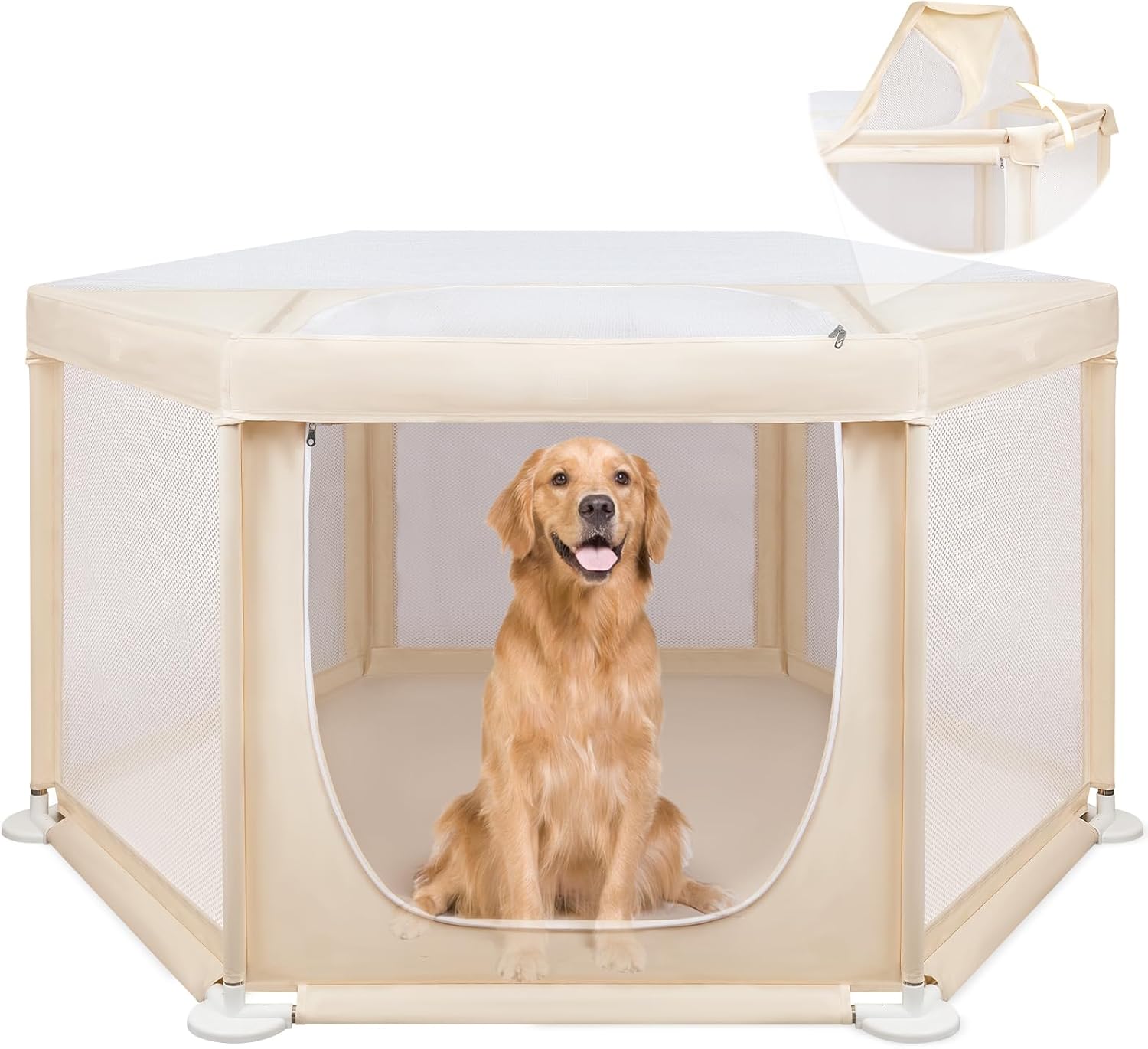 58.3″x58.3″x29.9″ Large Dog Playpen Indoor, Extra Tall Puppy Playpen with Removable Roof, Sturdy Fabric Dog Pen for Medium to Large Pets, Spacious Hexagonal Pet Playpen Indoor for Comfort & Security