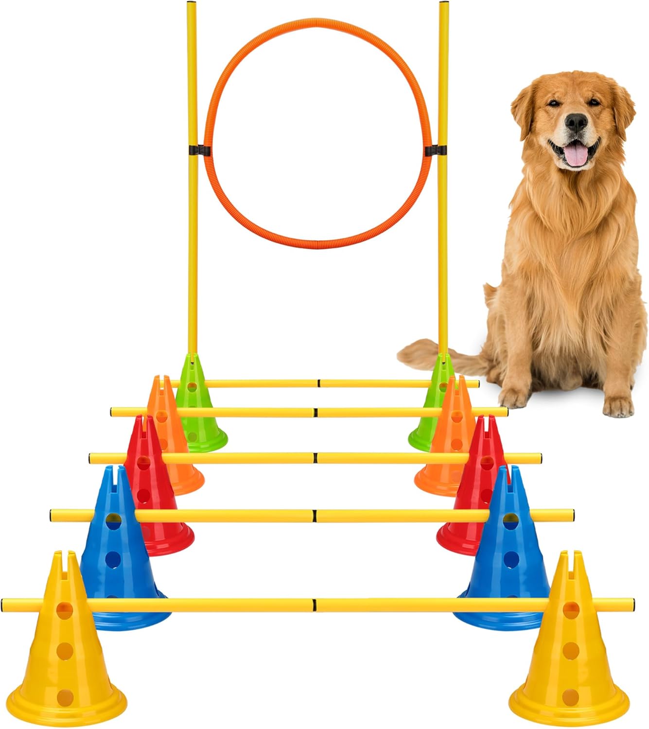 6 Sets Dog Agility Hurdle Cone Set, Adjustable Obstacle Training for Puppy, Pet Crossbar Combo for Beginners for Backyard, 5 Sets x Pole Obstacles,1 Set x Hoop Jump