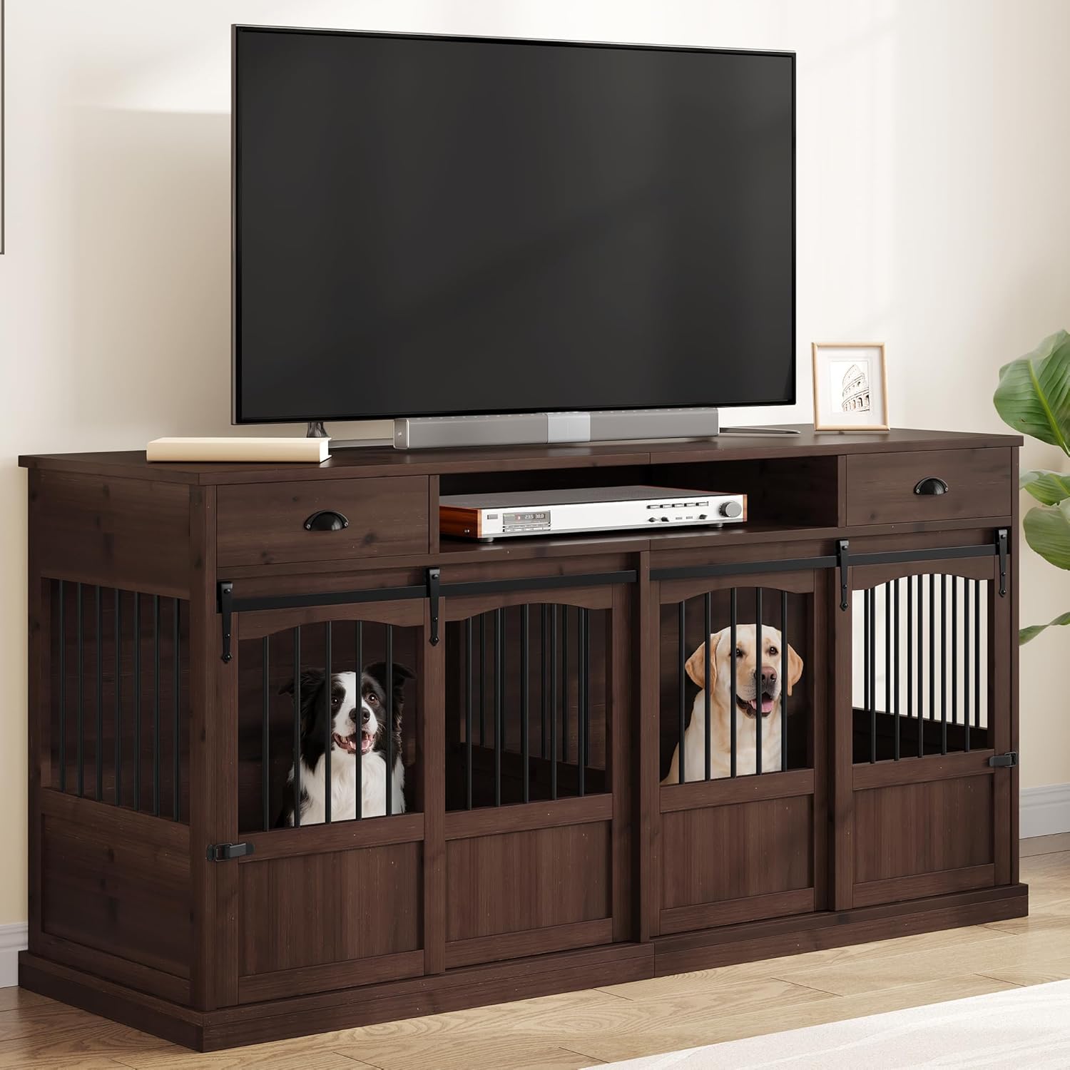 70.86″ Double Dog Crate Furniture with Storage for 2 Medium Large Dogs Farmhouse Wooden Dog Kennel Furniture with 2 Sliding Doors Divider & Power Outlets Decorative Dog Cage TV Stand, Brown