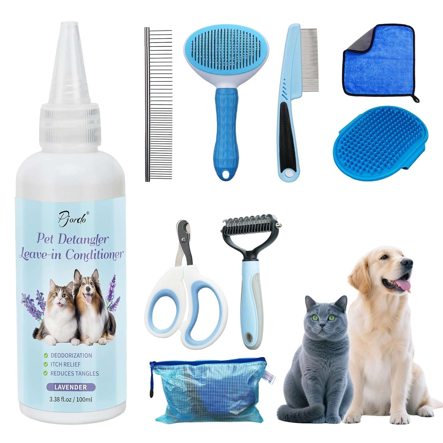 8 in-1 Dog Grooming Kit – Supplies for Short and Long Hair Dogs & Cats, Dog Brushes for Grooming, Dematting Comb for Pet, Bath Brush, Flea Comb, Pet Donditioner, Set in Blue