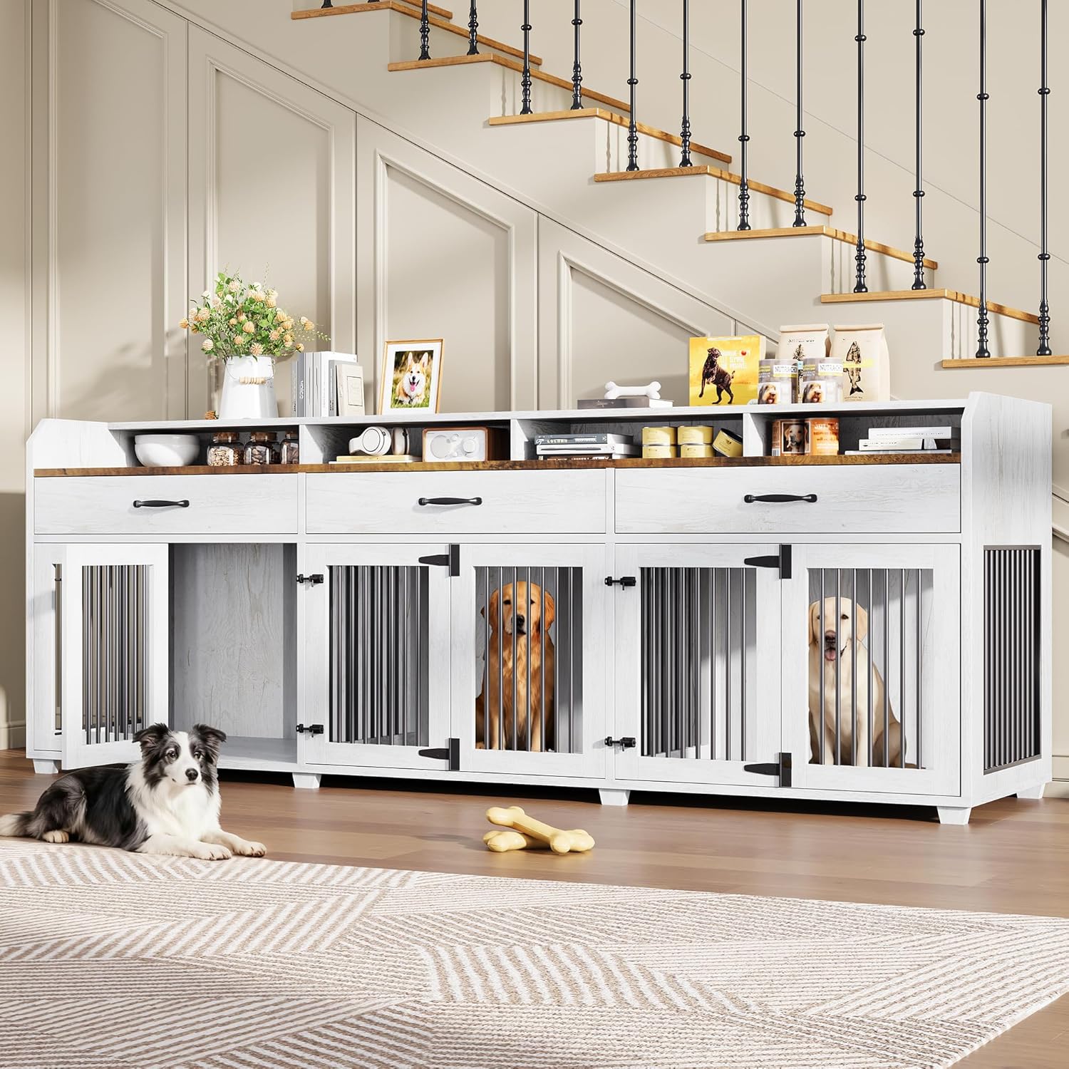 AMERLIFE 95″ Large Dog Crate Furniture with Storage, 3-Room Indoor Wooden Dog Kennel for Large/Medium Dogs, TV Stand & Sideboard with Drawers & Removable Divider, White+Barnwood