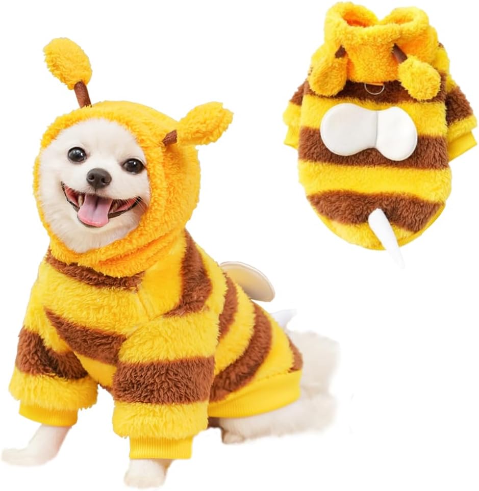 ANIAC Fleece Dog Hoodies with D-Ring Autumn Winter Puppy Clothes for Small Dogs Bumblebee Cat Apparel Cold Weather Coat Funny Doggy Bee Costume for Christmas Halloween (Yellow, Medium)