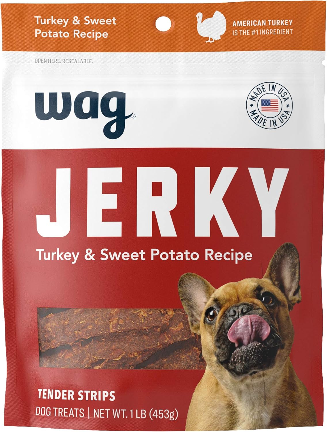Amazon Brand – Wag Soft & Tender American Jerky Dog Treats – Turkey & Sweet Potato, 16 Ounce (Pack of 1)
