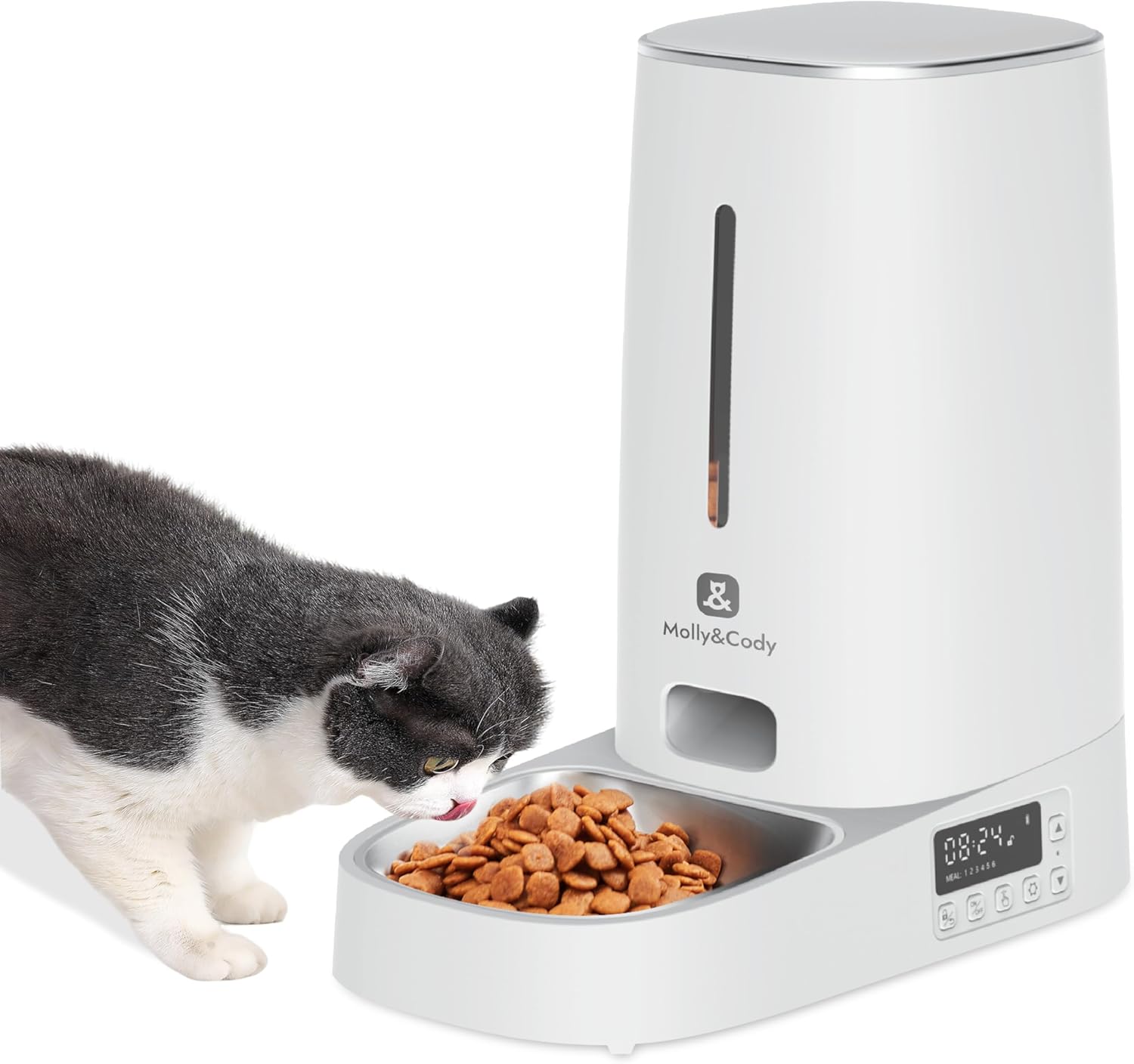 Automatic Cat Feeder,4L Programmable Timed Dog Food Dispenser,Portion Control,with Stainless Steel Bowl,Up to 60 Portions 6 Meals/Day,White,for Cats and Small Medium Dogs,for Travel & Weekend Use