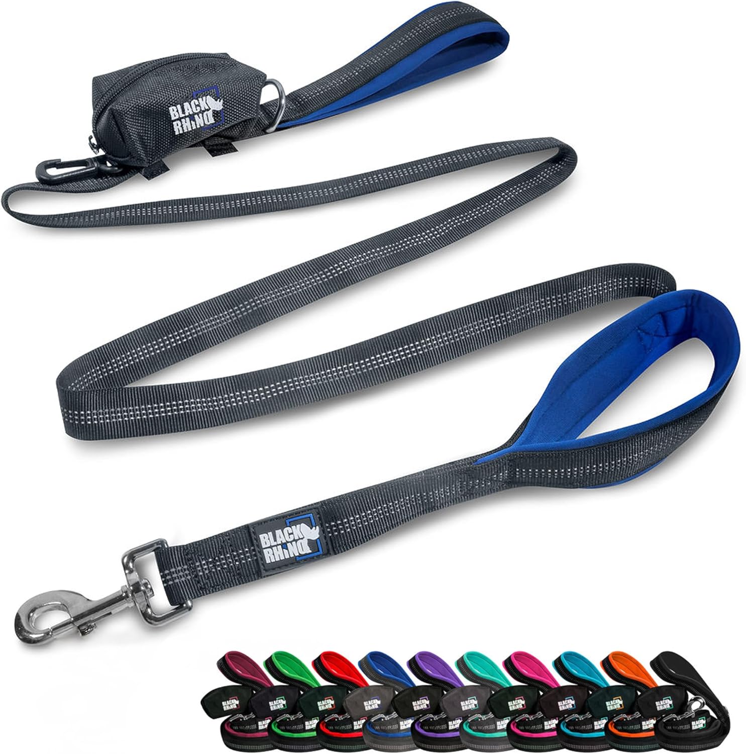 Black Rhino Heavy Duty Dog Leash for Medium and Large Dogs – 6 ft Long Double Handle Leash with Padded Traffic Control Handles and Bag for Comfort – Reflective, Durable, and Weather Resistant (Blue)