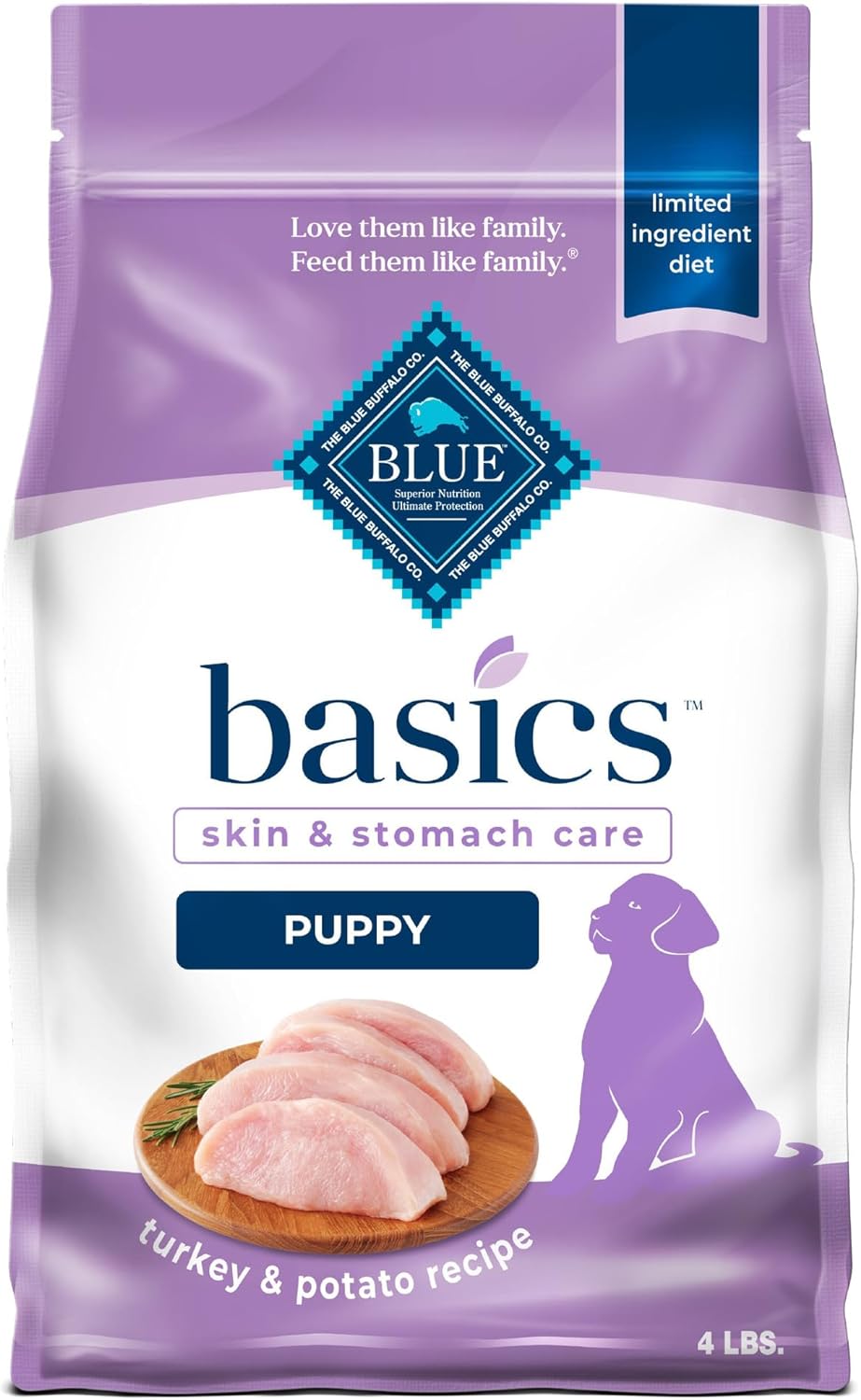 Blue Buffalo Basics Puppy Dry Dog Food for Skin & Stomach Care, Limited Ingredient Diet, Made in The USA with Natural Ingredients, Turkey & Potato Recipe, 4-lb. Bag