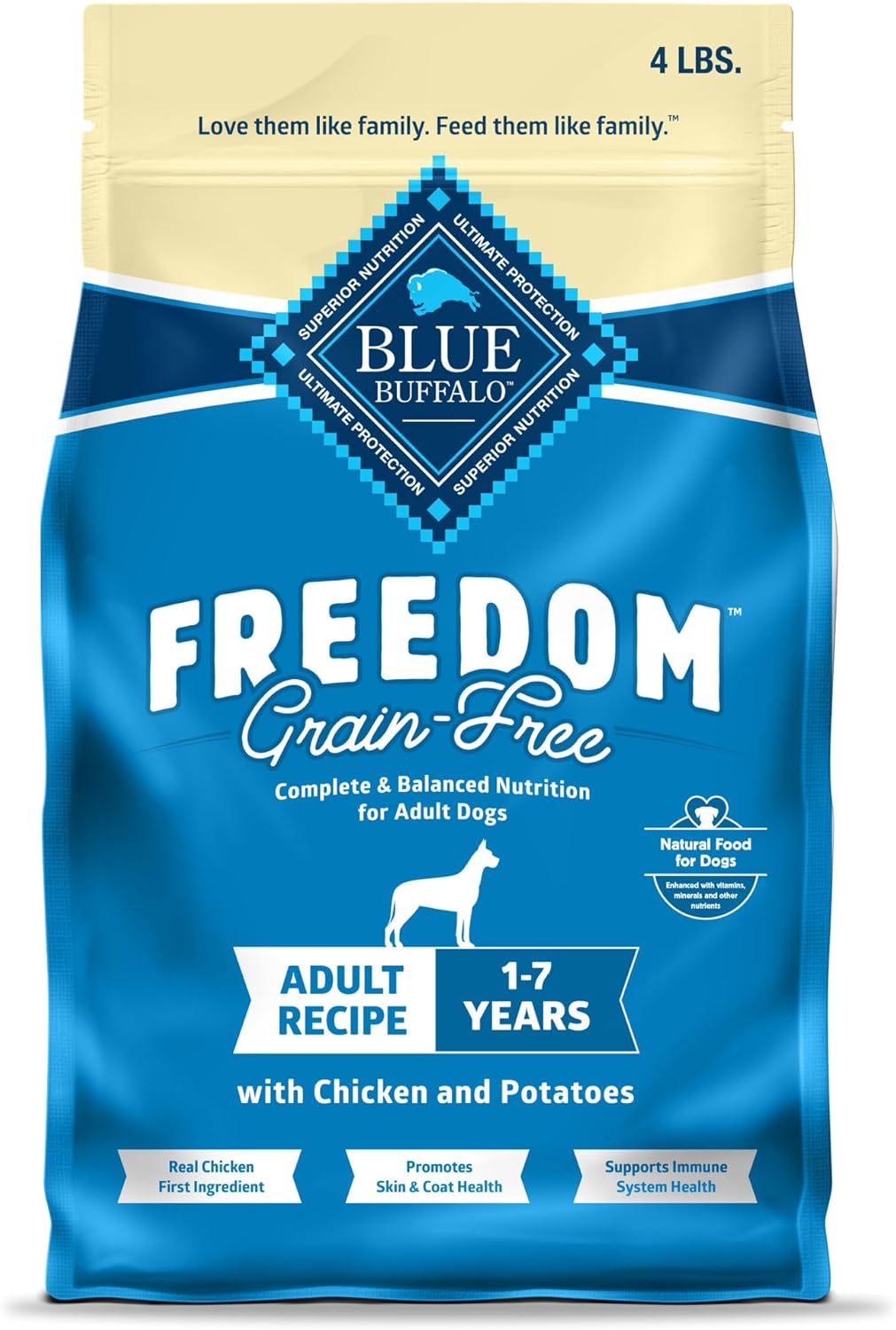 Blue Buffalo Freedom Grain-Free Dry Dog Food, Complete & Balanced Nutrition for Adult Dogs, Made in the USA With Natural Ingredients, Chicken & Potatoes, 4-lb Bag