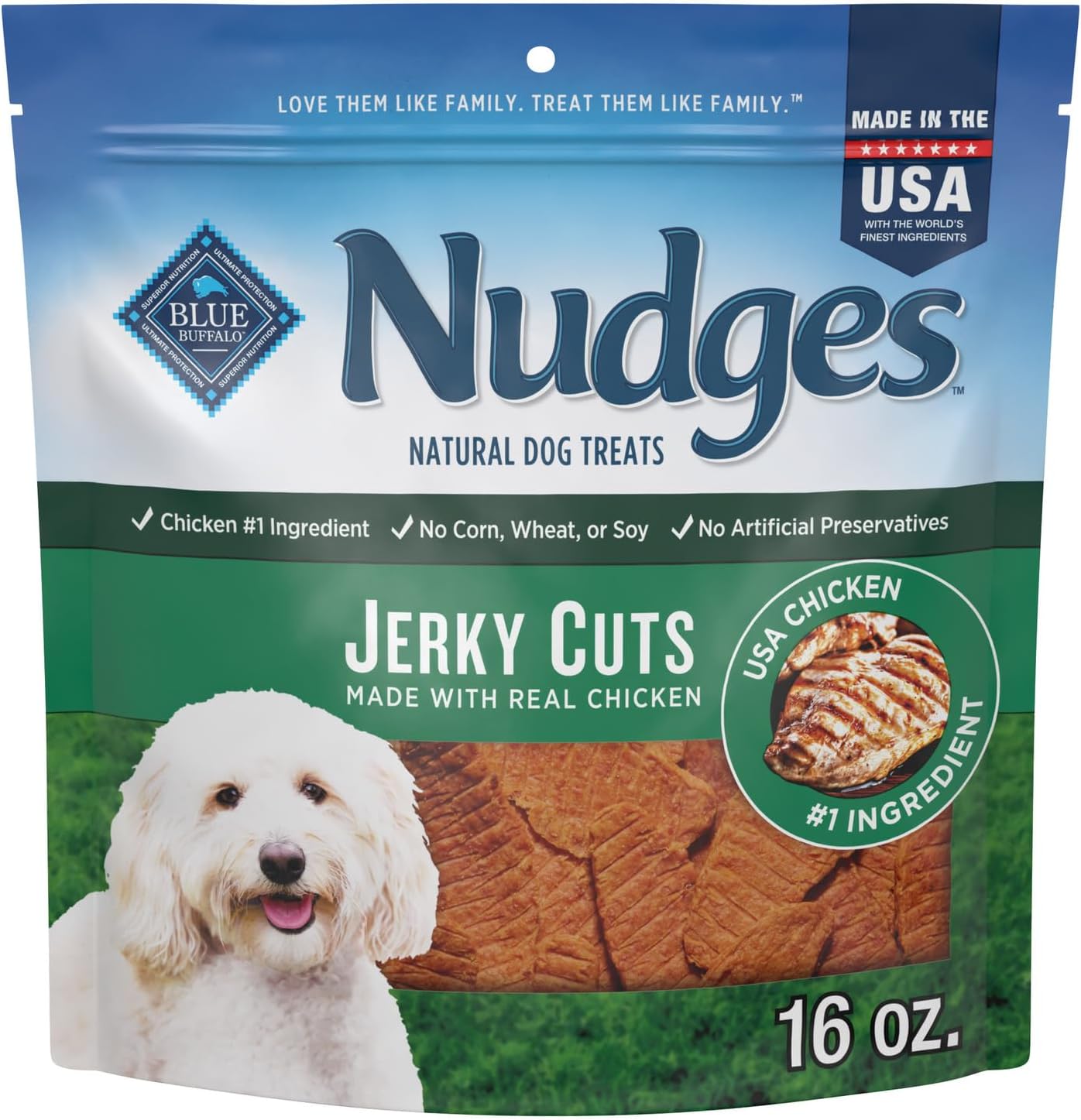 Blue Buffalo Nudges Jerky Bites Dog Treats, Made in the USA with Natural Ingredients, Bite-Sized Pieces, Chicken, 16-oz Bag