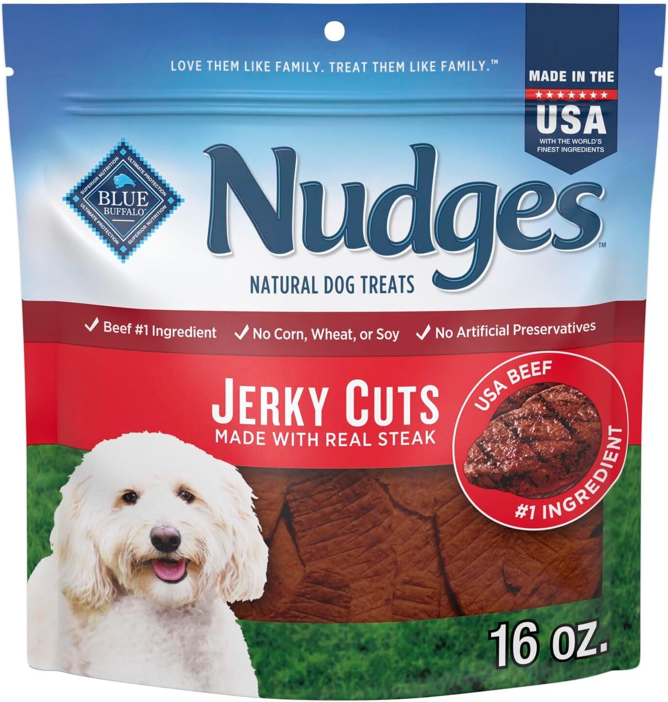 Blue Buffalo Nudges Jerky Cuts Dog Treats, Made in the USA with Natural Ingredients, Steak, 16-oz Bag
