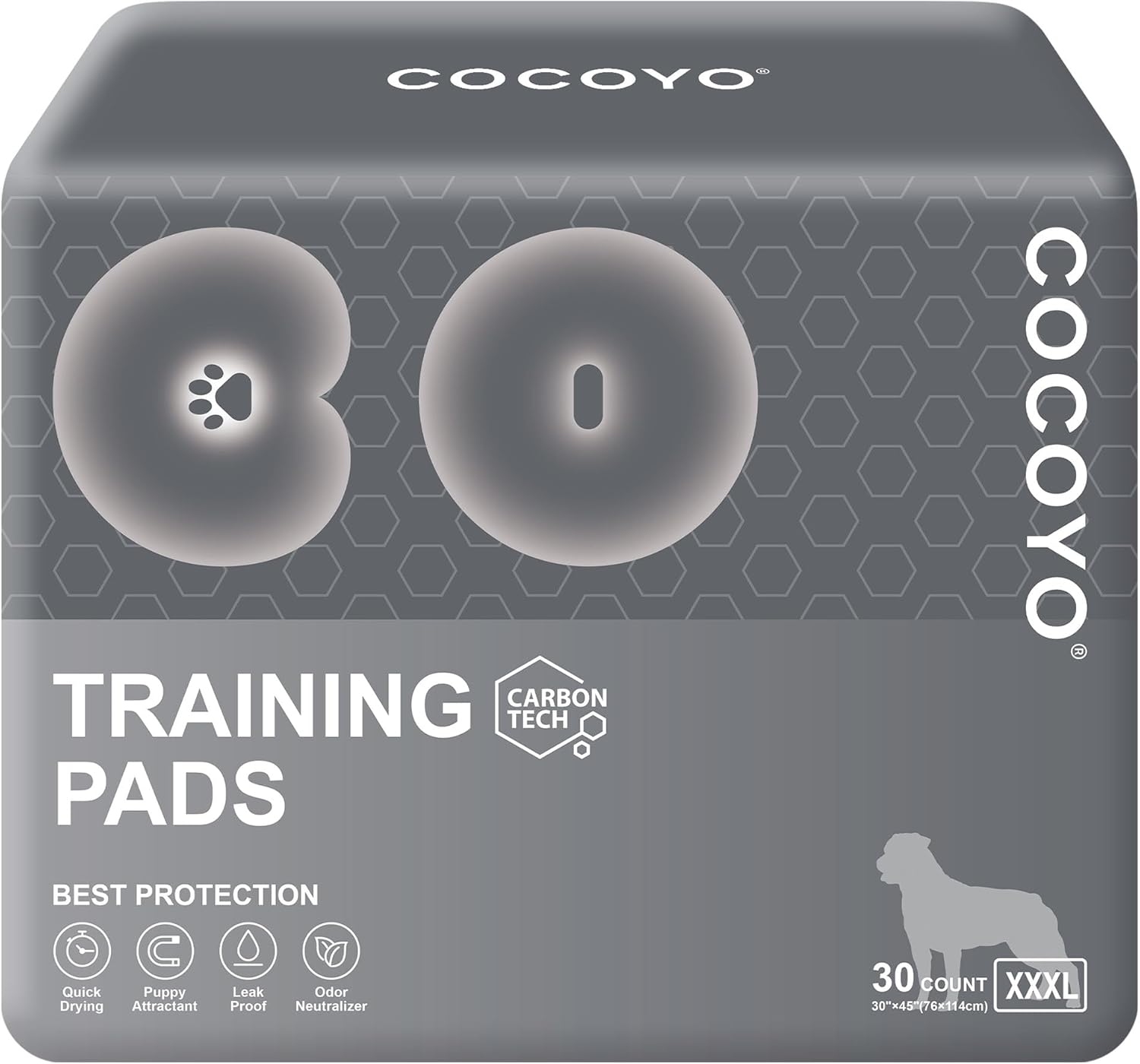 COCOYO Dog Training Pads Giant Size丨Carbon Absorb Eliminating Urine Odor Puppy Pads 丨 Premium Charcoal Dog Pee Pads (30 Count, XXXL 30×45 inch)