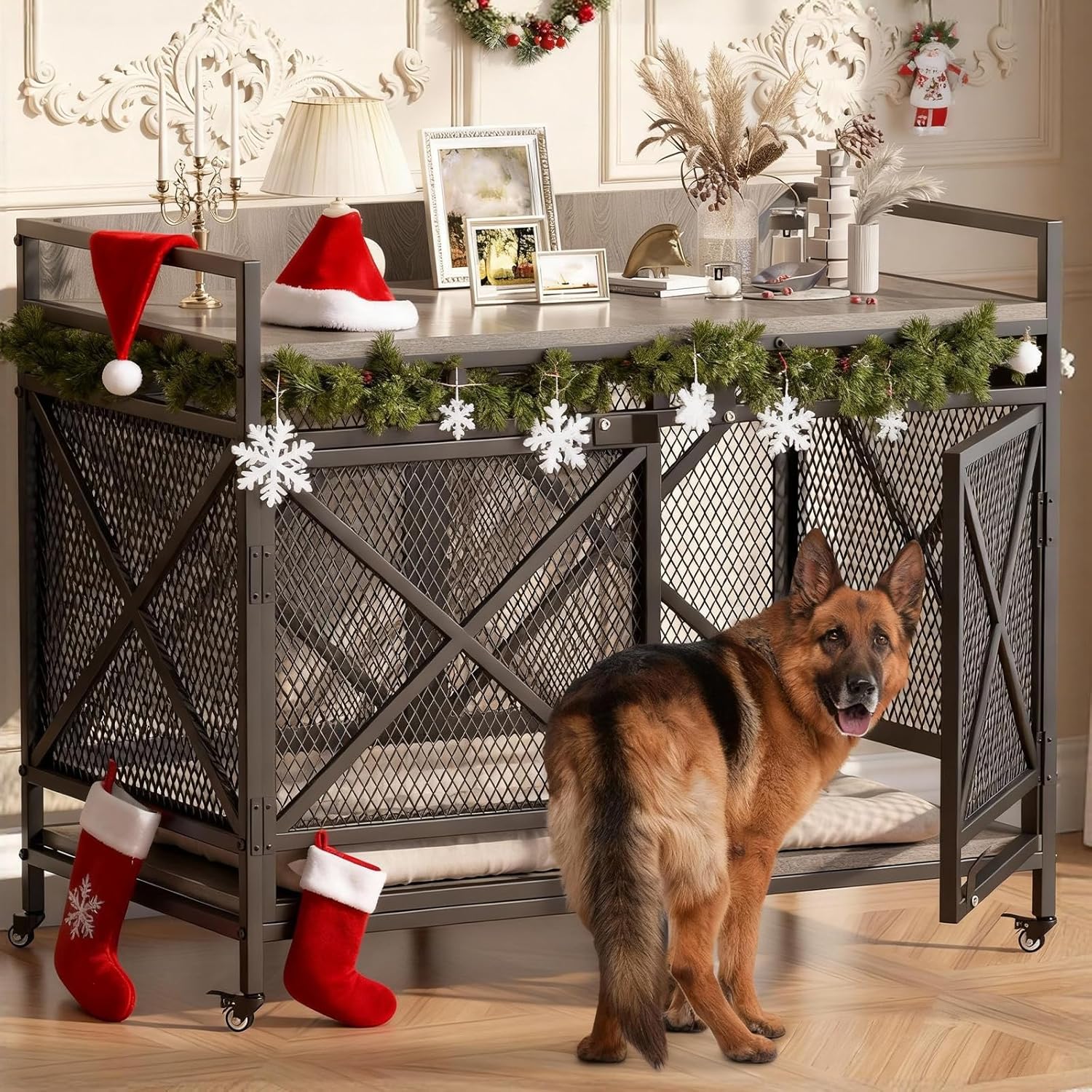 COZPAW Large Dog Crate Furniture, 48 Inch Wooden Dog Kennel for XLarge Dogs, Heavy Duty Dogs Furniture Indoor Wire Dog Cage with Caster Wheels,Decorative Pet House End Table,Textured Gray