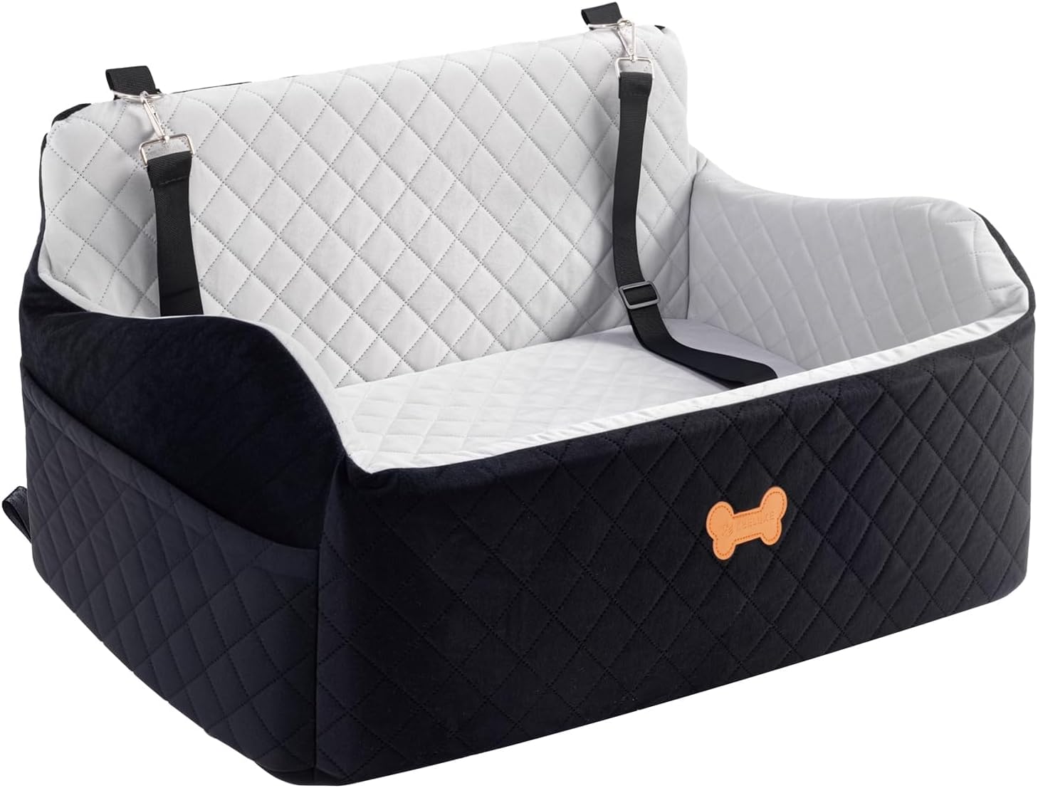 Car Seat for Large Size Dog, Booster Seat for Dogs Under 55 lbs or 2 Small Dogs, Soft Car Dog Bed Filling in Thick Memory Foam with 2 Safety Leashes and Storage Pocket (Grey/Black)