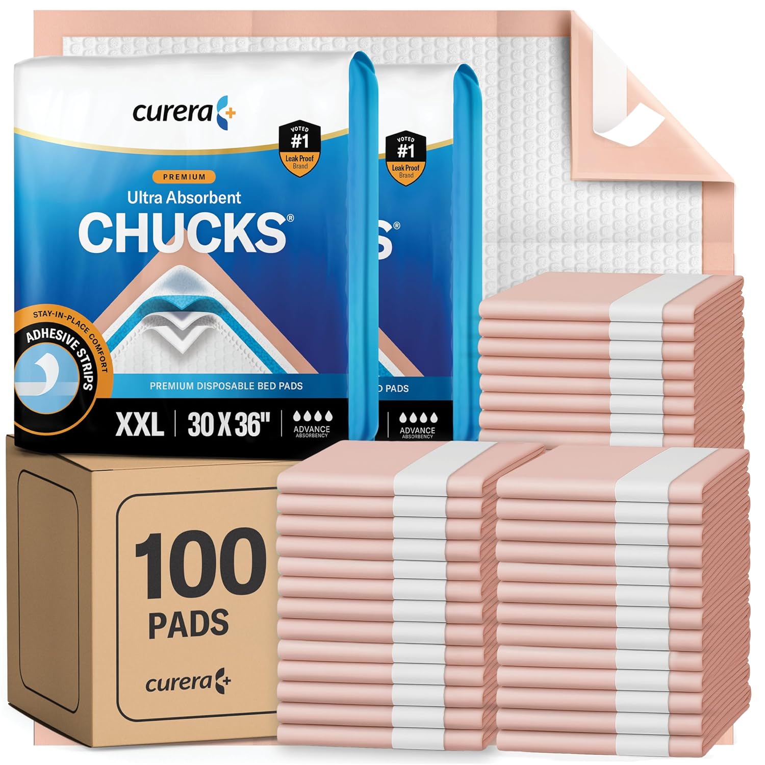 Chucks® Premium Disposable Underpads 30”x36” [100-Count] Ultra Absorbent Chux Incontinence Bed Pads Disposable Adult with Adhesive Tape, Pee Pads Pet Training Pads XX-Large 30×36 Bulk Pack
