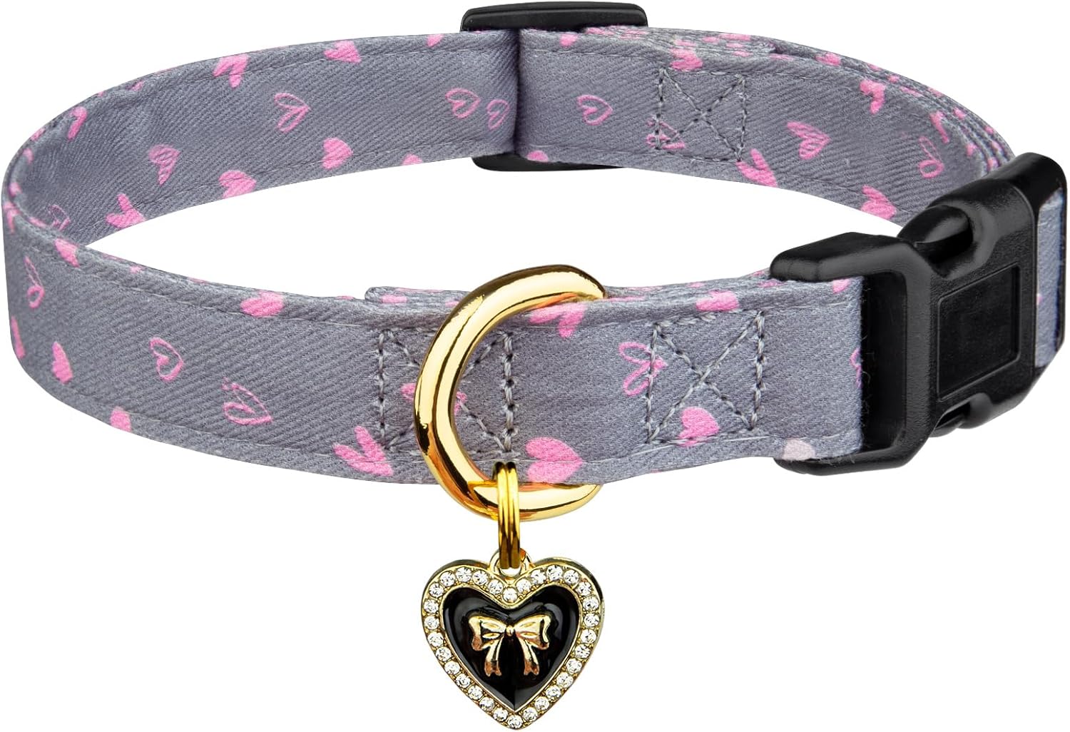Cotton Handmade Dog Collar Cute and Distinctive Patterns Grey Heart with Pendant for Girl Boy Dogs Collars S
