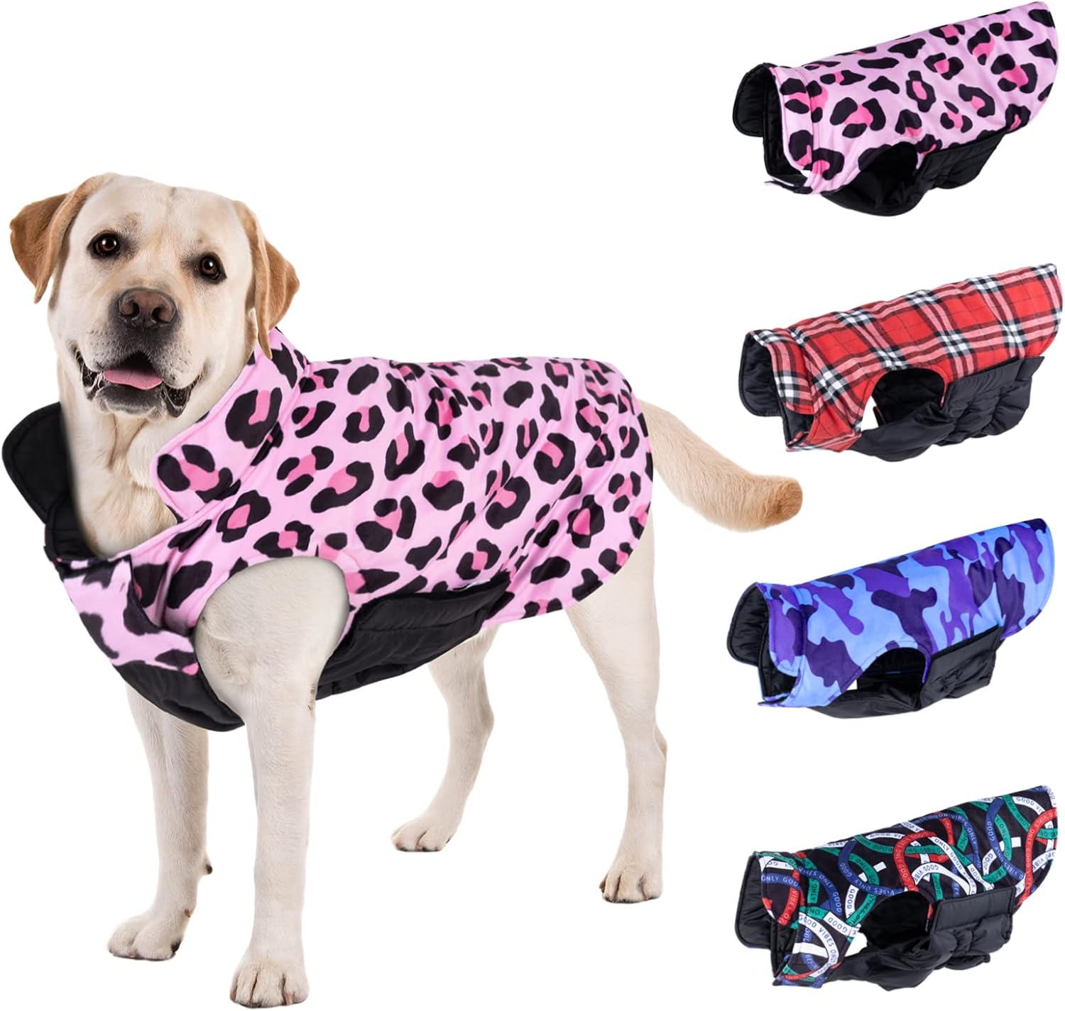 CuteBone Winter Dog Coat – Waterproof Windproof Reversible Vest, Thick Adjustable Cold Weather Jacket for Small Medium Large Dogs, Soft with Leash Hole
