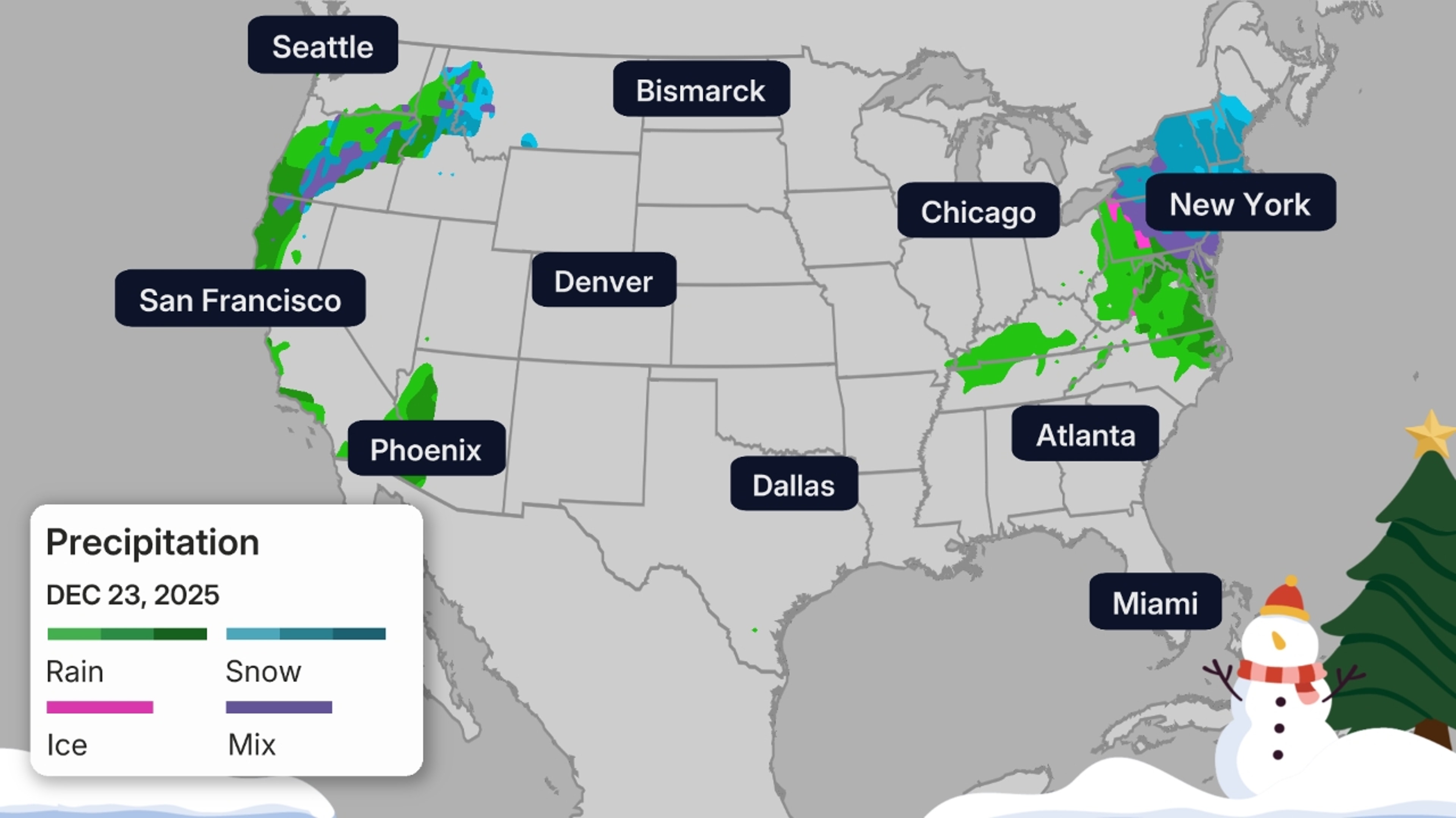 The green shadings depict where rain is expected. Areas that are shaded blue are expected to see snow. Purple-shaded locations may see either rain or snow. 