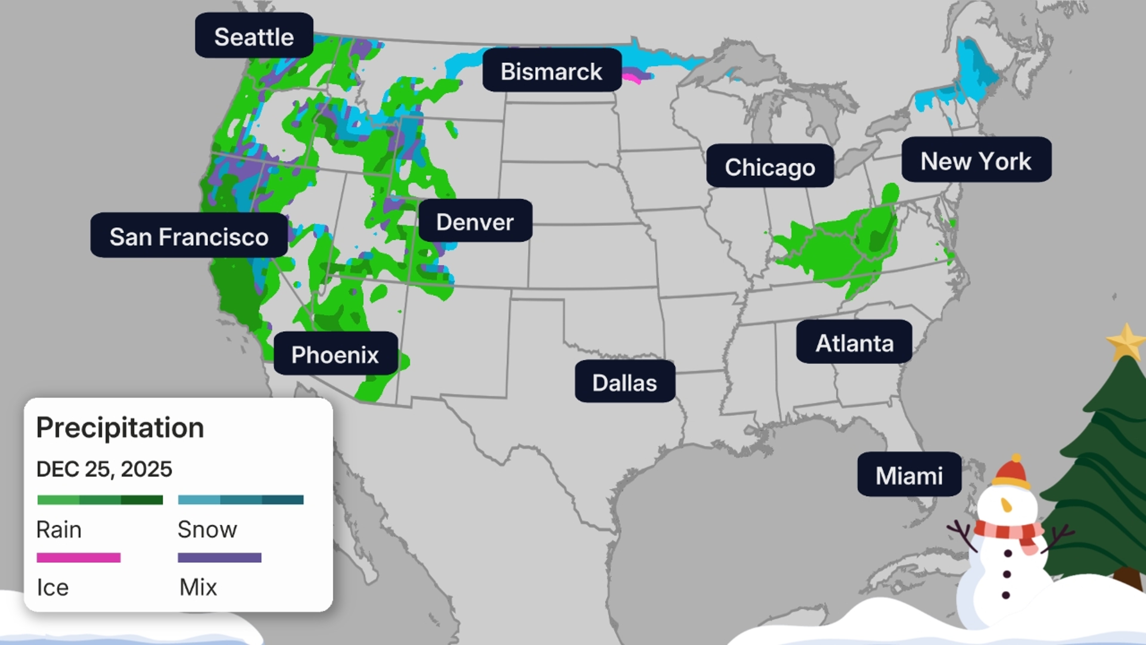 The green shadings depict where rain is expected. Areas that are shaded blue are expected to see snow. Purple-shaded locations may see either rain or snow. 
