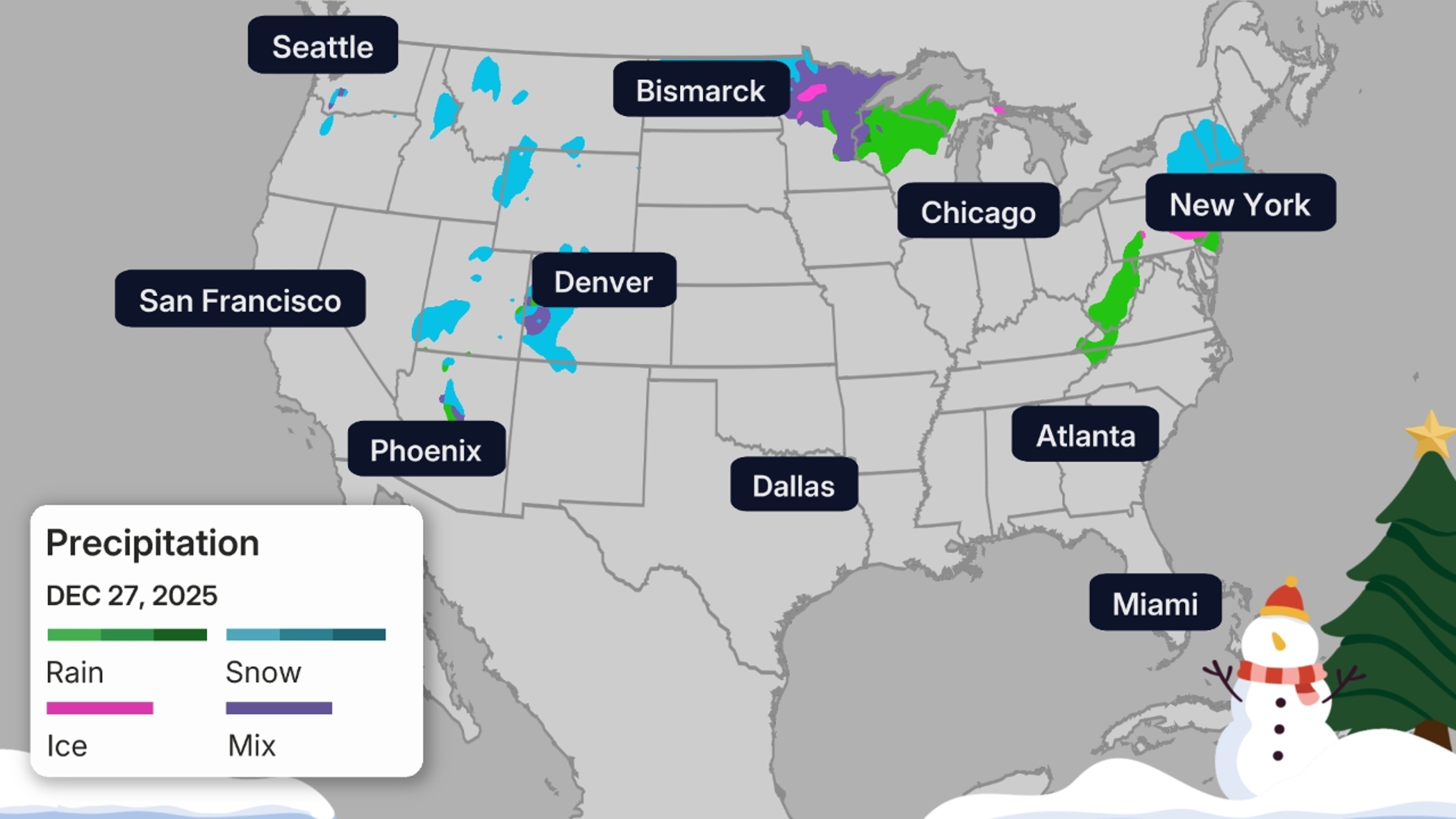 The green shadings depict where rain is expected. Areas that are shaded blue are expected to see snow. Purple-shaded locations may see either rain or snow. 