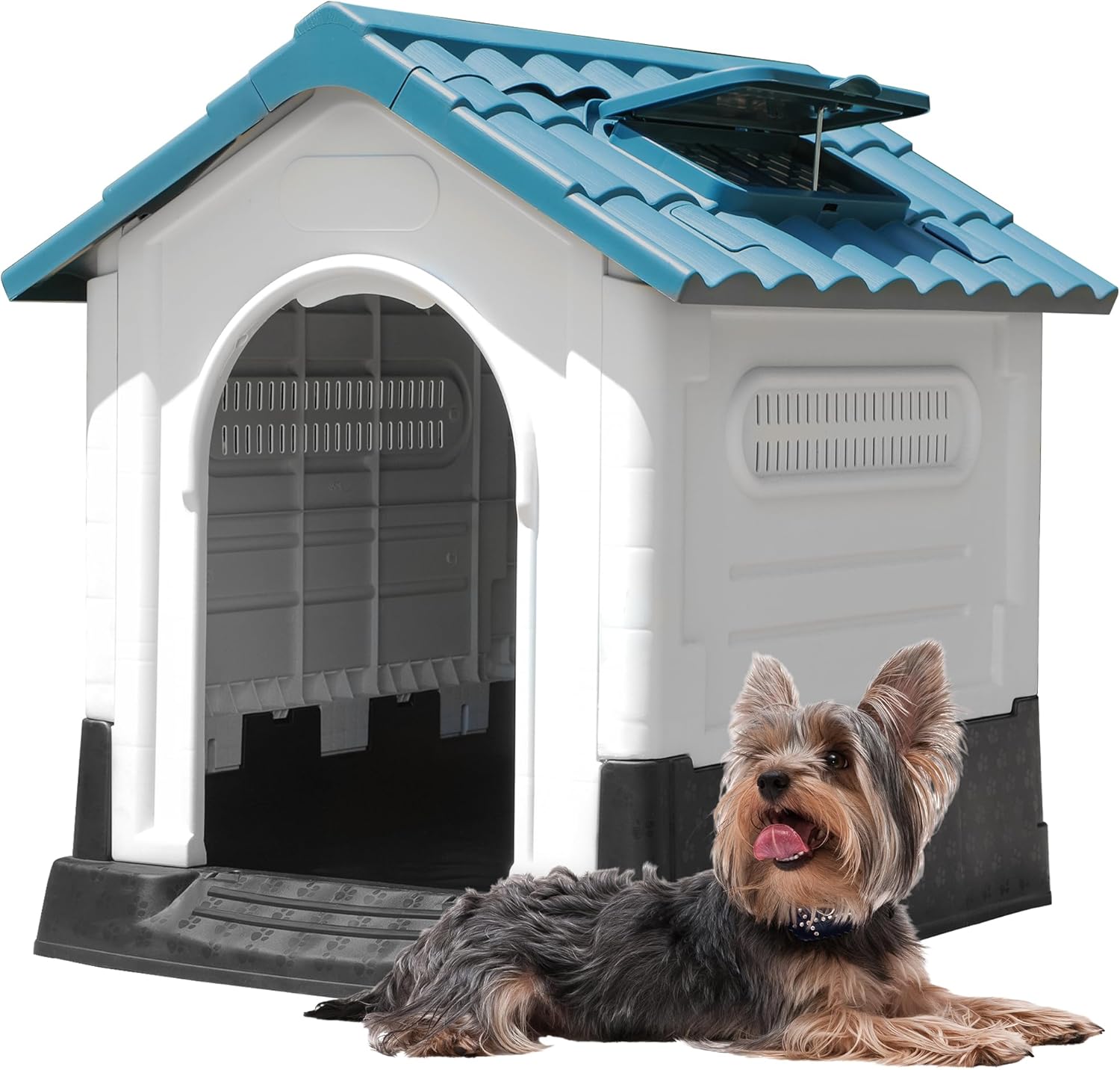 DWVO 26.8” Plastic Foldable Dog House for Small Dogs, Waterproof Folding Pet House with Adjustable Top Window and Elevated Base (26.8”L x 22.4”W x 26”H)
