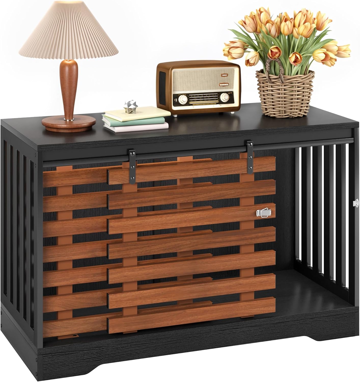 DWVO Dog Crate Furniture with Sliding Fence Door, 47 Inch Dog Crate Indoor Heavy Duty End Table Dog Kennel for Large Medium Dogs, Decorative Wooden Dog Cage Table, Chew-Resistant, Black & Walnut