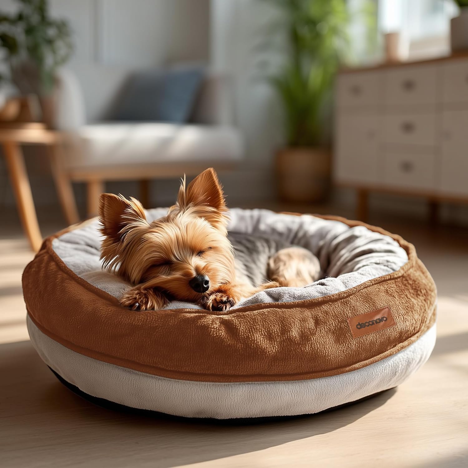 Deconovo Calming Dog Bed for Small Dogs – Waterproof Round Donut Pet Bed with Washable Cover, 26D Egg Crate Foam, Non-Slip Bottom, Anti-Tear Zipper for Indoor Use Brown 20x20x6 Inch