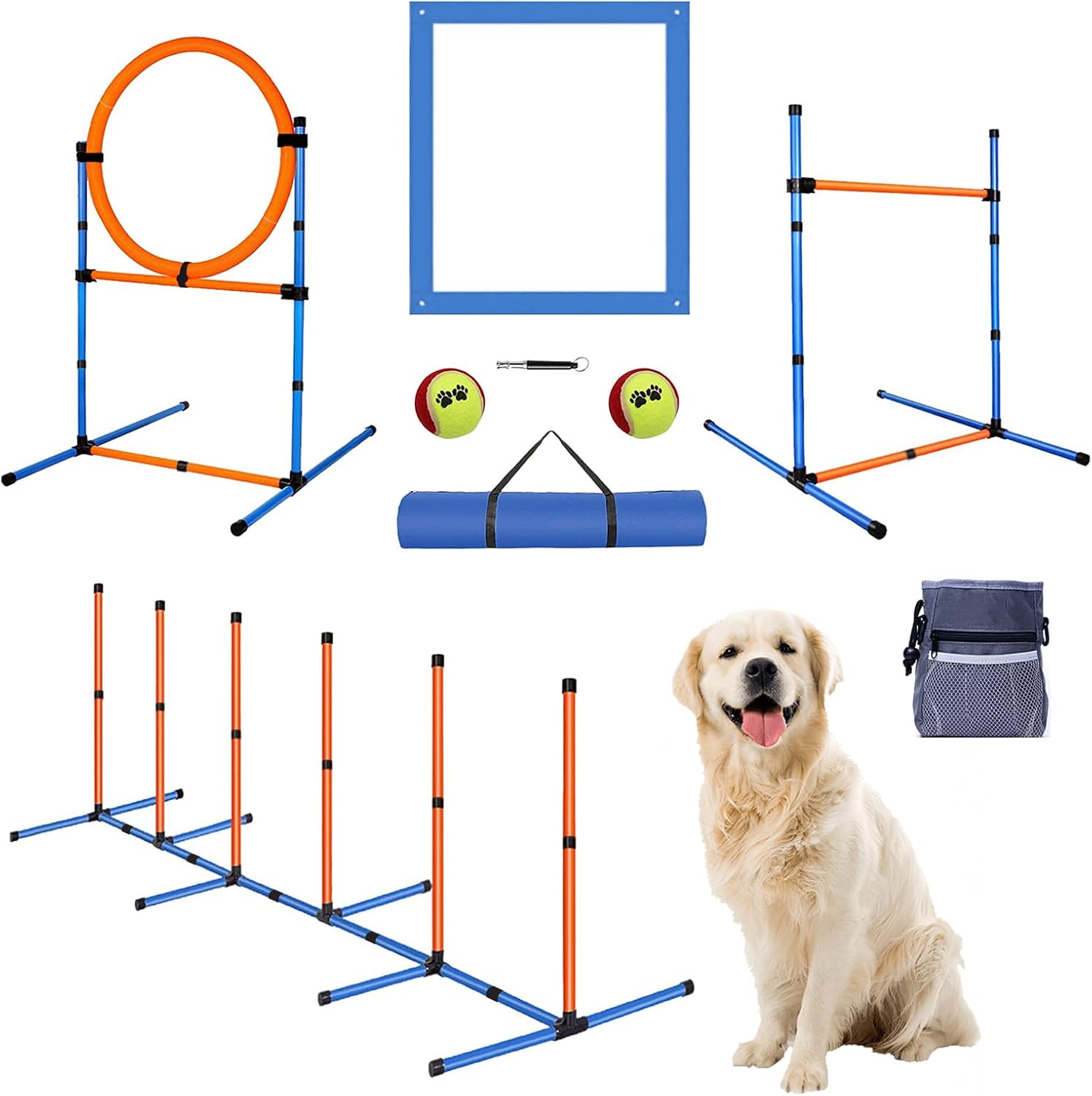 Dog Agility Equipment Set, Obstacle Courses Training Starter Kit Includes Adjustable High Jump Hurdle, Hoop, Weave Poles, Pause Box, Treat Pouch with Easy Carry Bag