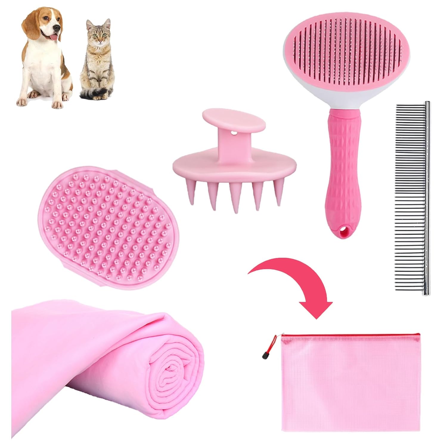 Dog Bath Brush Washing Kit – 5pcs Dog Grooming Washing Brush & Drying, Adjustable Handle Scrubber Massager Bathing Brush for Long & Short Haired Dogs, Scalp Scrubber Hair Bath Brush Set Pink