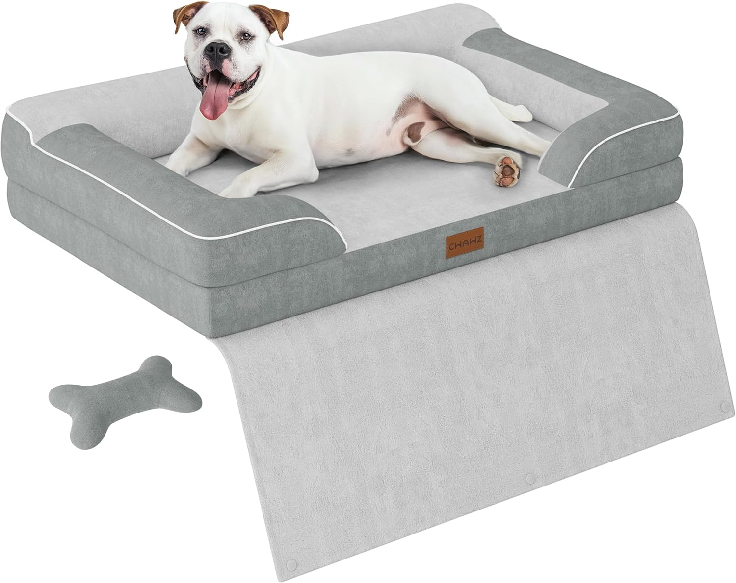 Dog Beds for Large Dogs, Orthopedic Pet Bed with Cooling Gel Memory Foam, Waterproof Large Dog Beds with Removable Washable Cover, 36″ Pet Sofa Dutch Velvet with Blanket Bone Toy, Light Gray