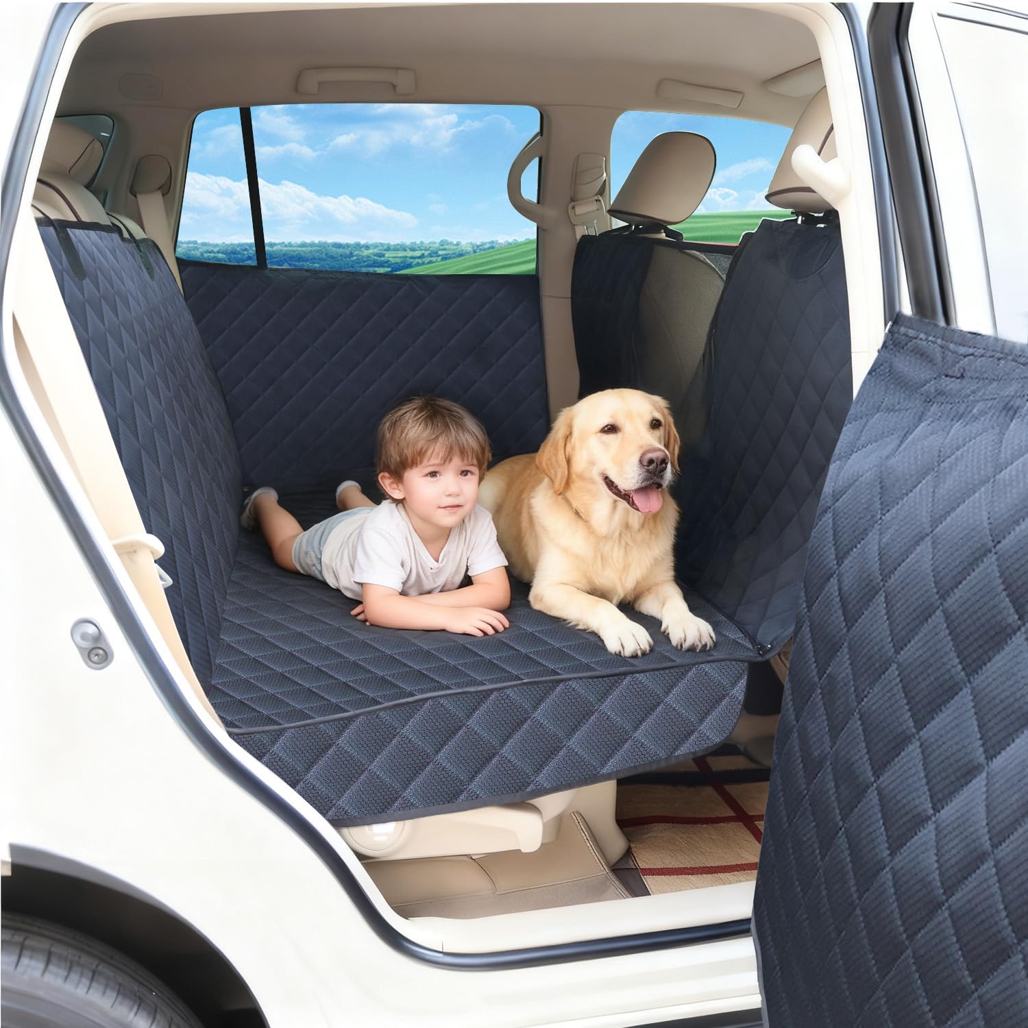 Dog Car Seat Cover for Back Seat, Hard Bottom Car Seat Cover for Dogs with Door Protectors, Dog Car Seat Waterproof and Scratch-Resistant, Suitable for Cars SUV&Truck