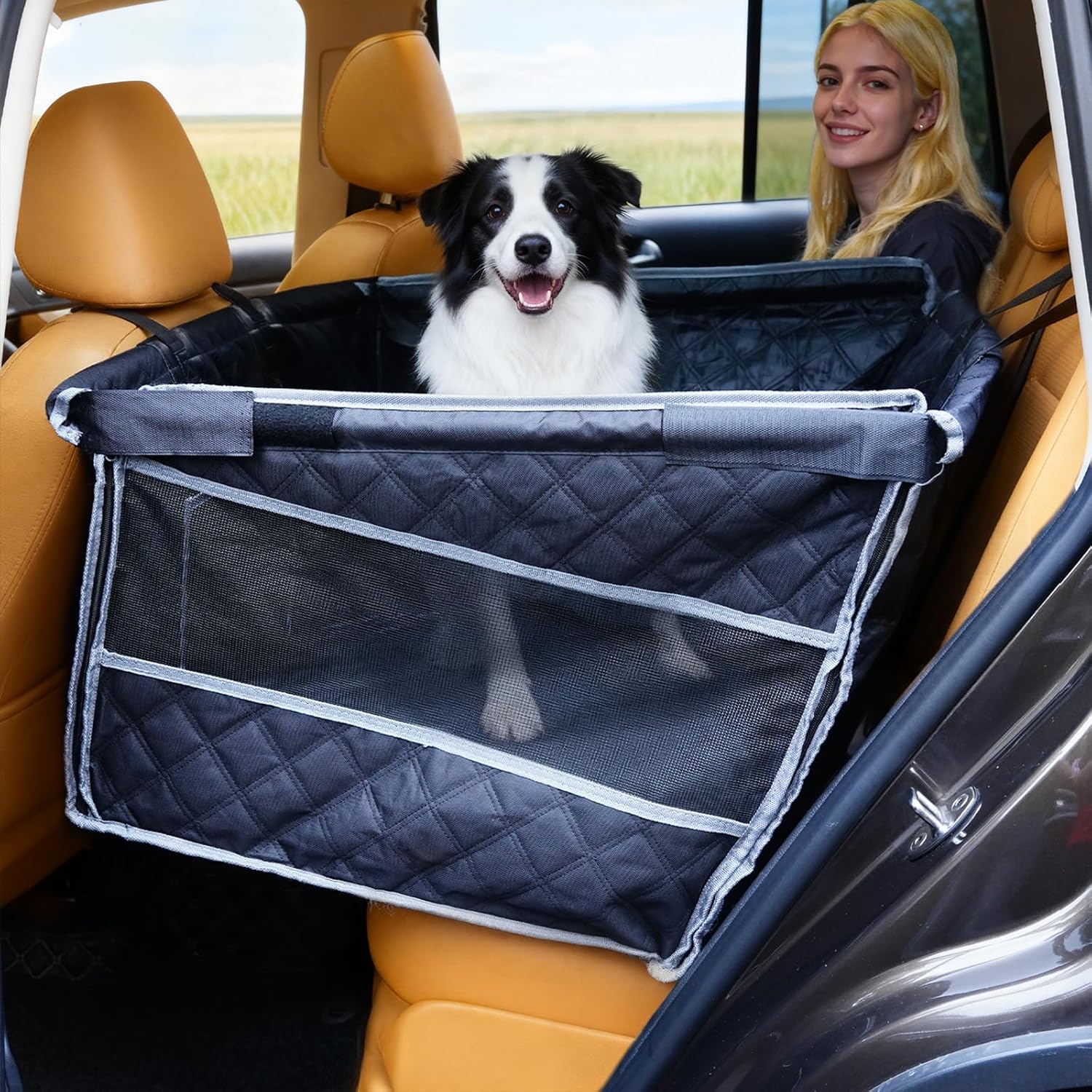 Dog Car Seat for Large Dogs, Back Seat Extender with Mesh Windows, Strong Support Dog Car Seat Cover for Cars, Trucks and SUVs (Black and Silver)