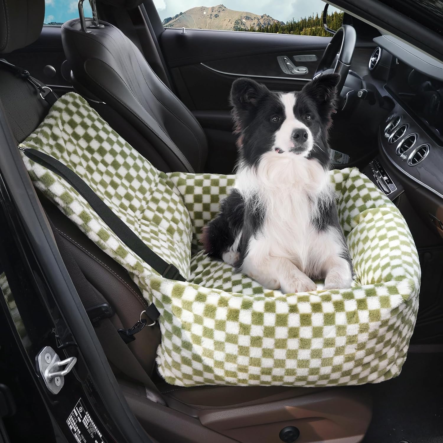 Dog Car Seat for Small Dogs,Medium Dog Car Bed with Detachable Washable Cover,Pet Puppy Booster Cars Seats with Safety Belt Up to 30 lbs(Grid Green)
