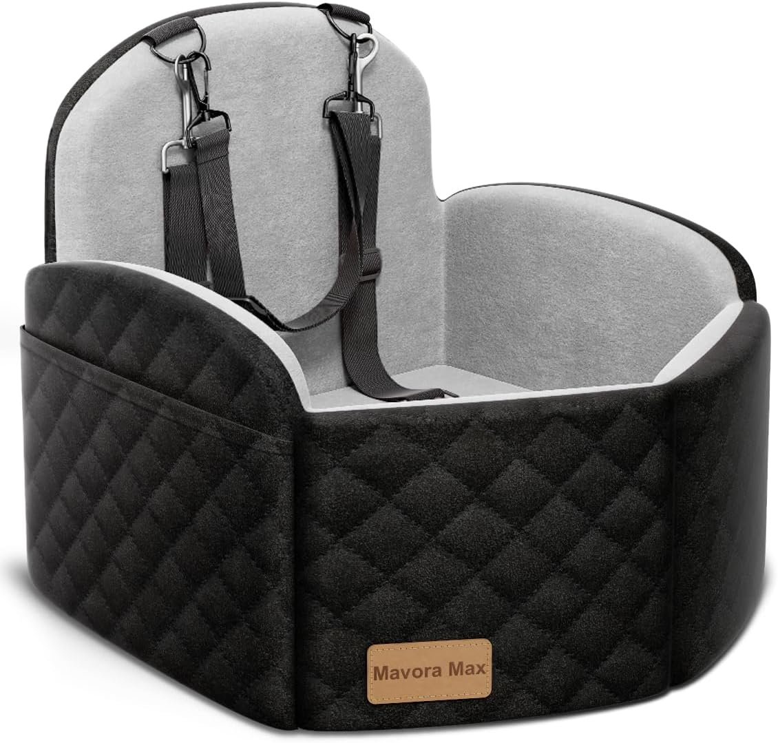 Dog Car Seat for Small/Medium Dogs, Elevated Dog Booster Seat Memory Foam Puppy Car Seat with Washable Cover, Travel Safety Pet Seat for Car with Storage Pockets Up to 35 lbs (Black/Grey)