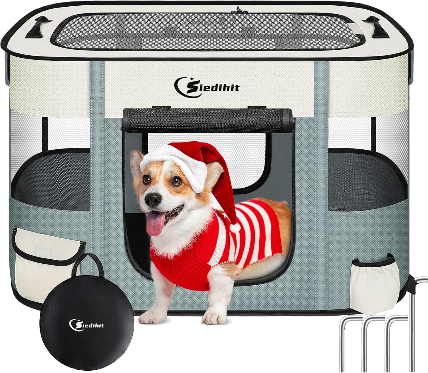 Dog Cat Playpen, Pet Puppy Portable Playpens for Outdoor Travel Crate, Indoor After Surgery Use, Foldable Dog Kennel Tent for Rabbit or Small Animals and Tent Stakes (Grey, Small)