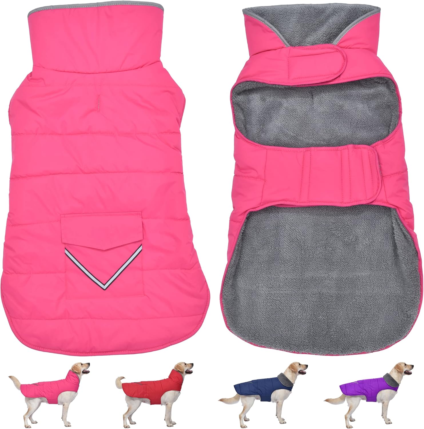 Dog Coat, Waterproof Dog Winter Jacket with Pocket, Reflective Adjustable Pet Snow Vest, Warm Cozy Fleece Sweater for Small Medium Extra Large Dogs – Pink, M