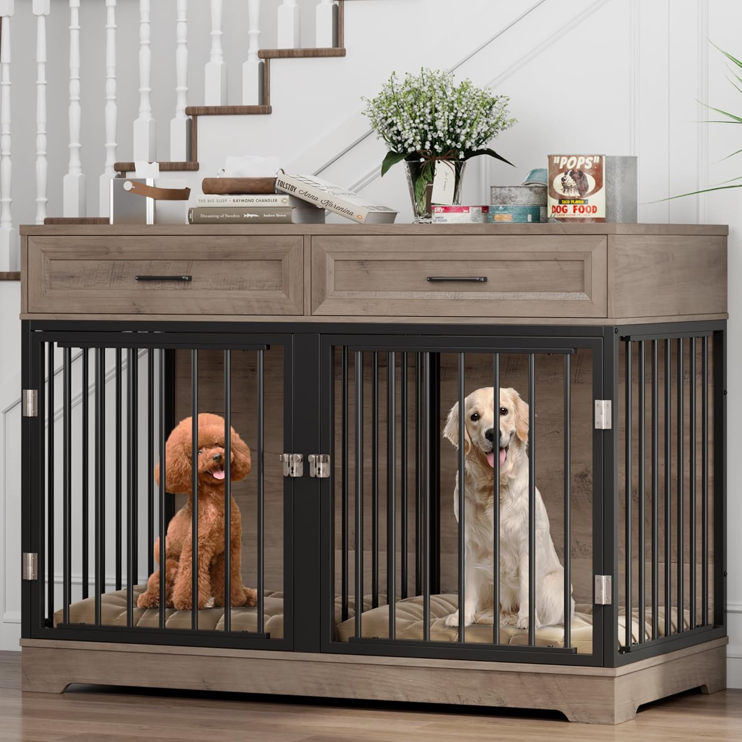 Dog Crate Furniture 47″ Wooden Dog Kennels for Dogs Indoor with a Removable Divider for Large/Medium/Small Dogs, 2 Storage Drawers and Large Tabletop Dog Cages Double Doors Dog House, Rustic