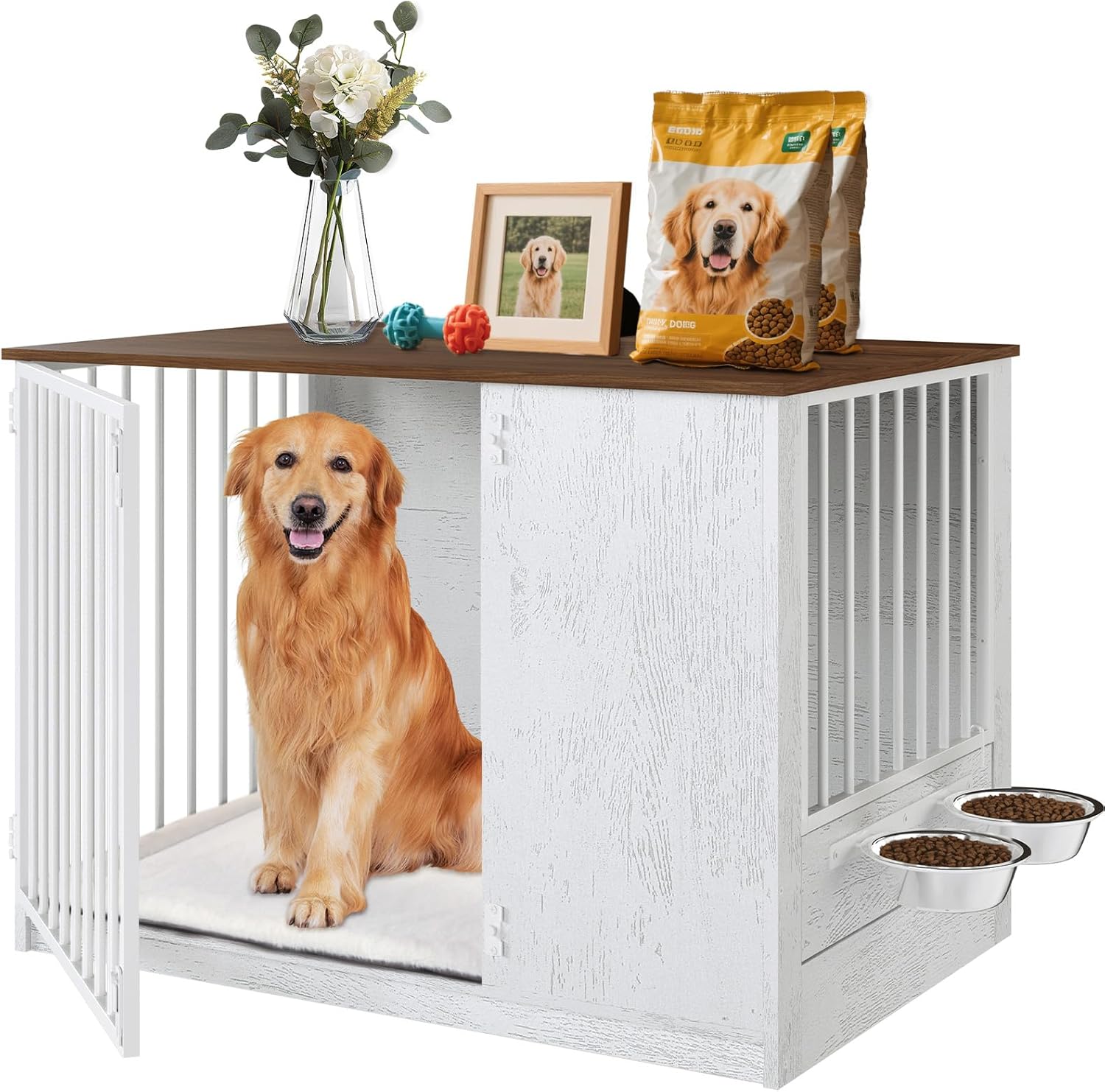 Dog Crate Furniture for Large Dogs, 36″ Indoor Wooden Dog Kennel with 270° Swivel Door & 360° Rotating Feeder, Decorative Heavy Duty Dog House with Double Locks & Bowls, White