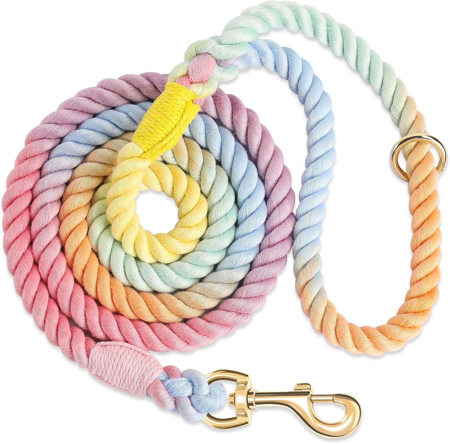 Dog Leash 5 FT Handmade Braided Cotton Rope Leashes for Small Medium and Large Dogs, New Golden Heavy Duty Metal Clasp, Colorful Macaron