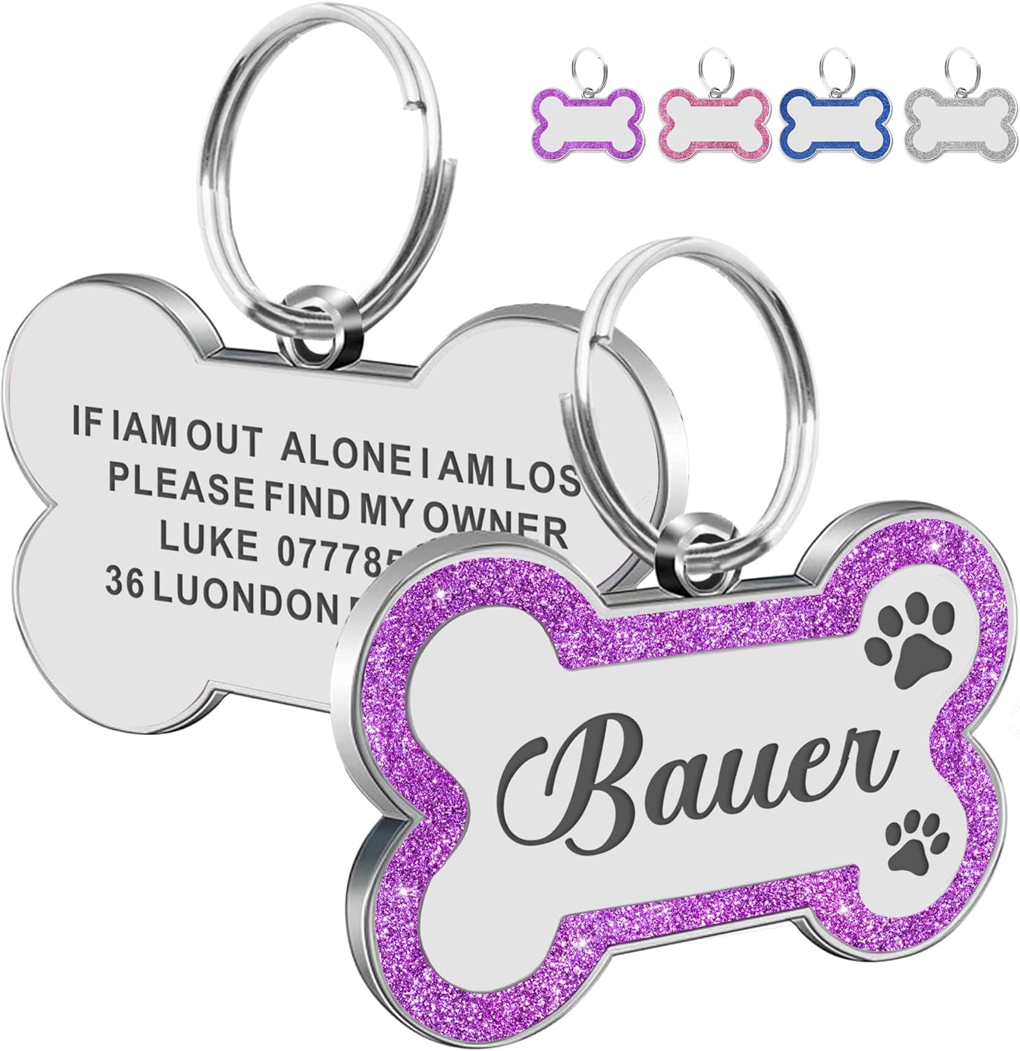Dog Tags Personalized for Pets Dog Name Tags Personalized Dog Tag Engraved with Any Name & Text Custom Dog ID Tags Glitter Bone ID Tag for Puppy Cat (Purple S, Bone)