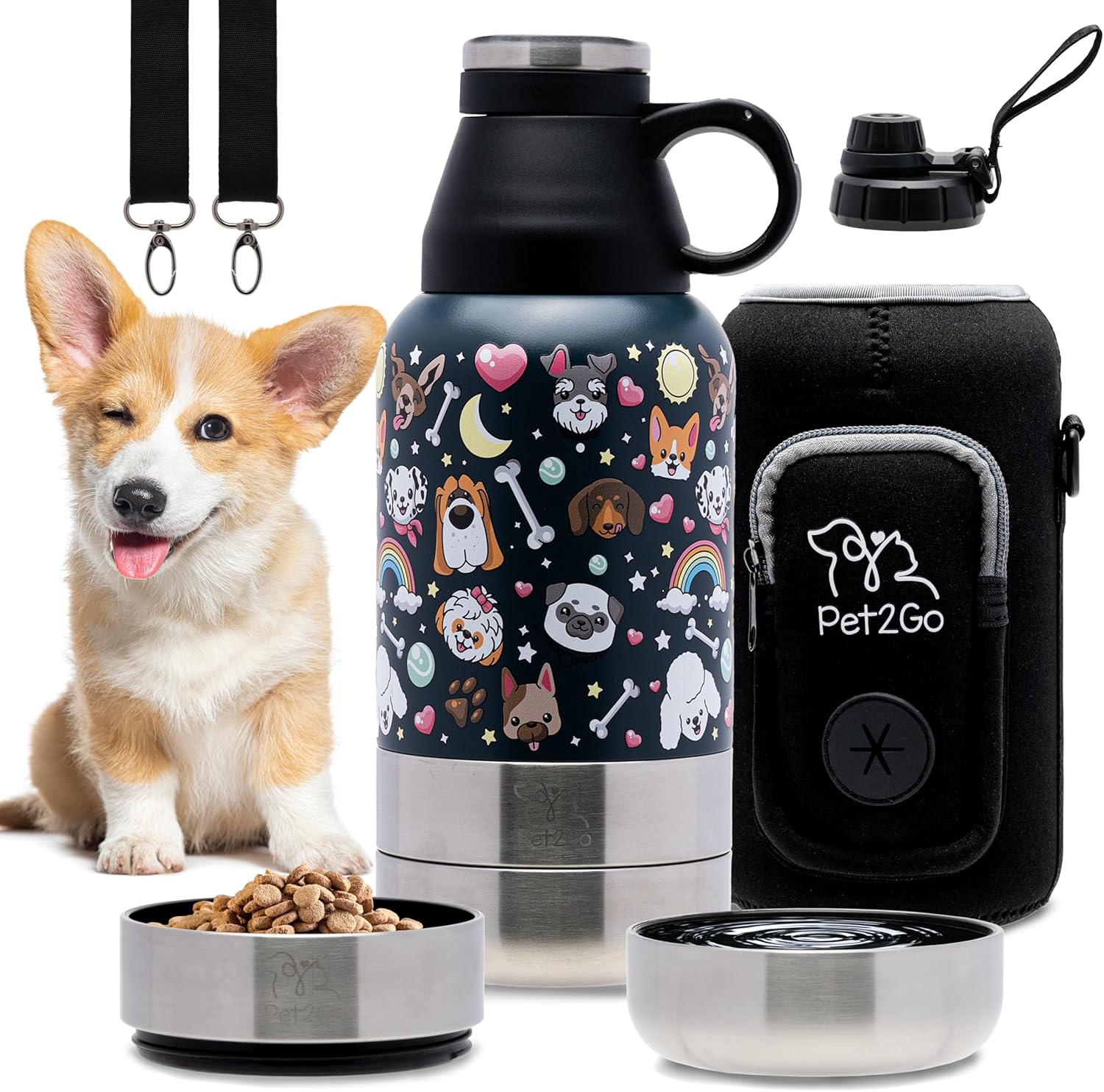 Dog Travel Water Bottle 32 oz. with Treat Holder & Detachable Bowls | Insulated, Portable Stainless Steel Dispenser for Pets | Walking & Outdoor Gear (Grey)